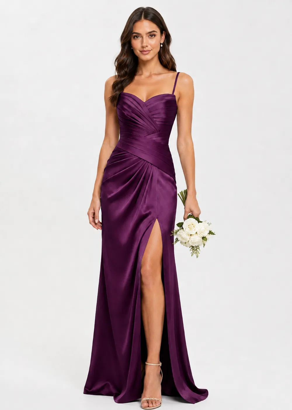 Valencia High-Slit Ruched Satin Evening Dress