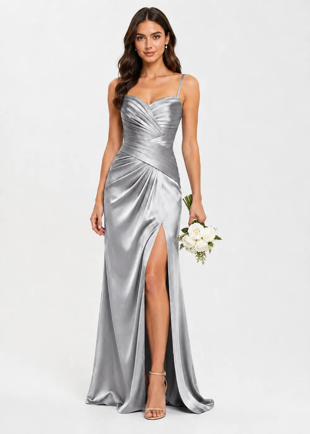 Valencia High-Slit Ruched Satin Evening Dress
