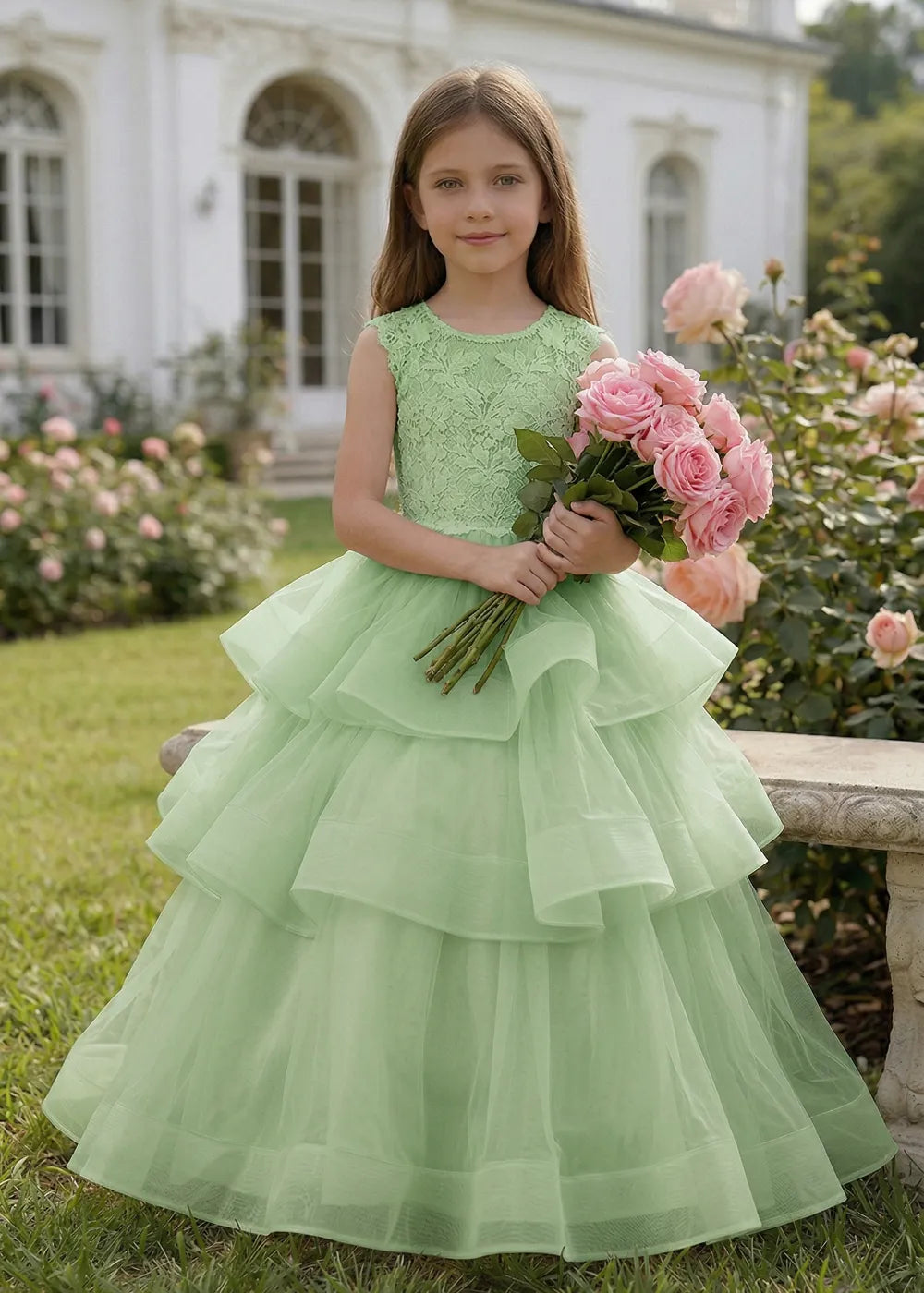 Lace Top Ball Gown Tulle Dress for Wedding Party