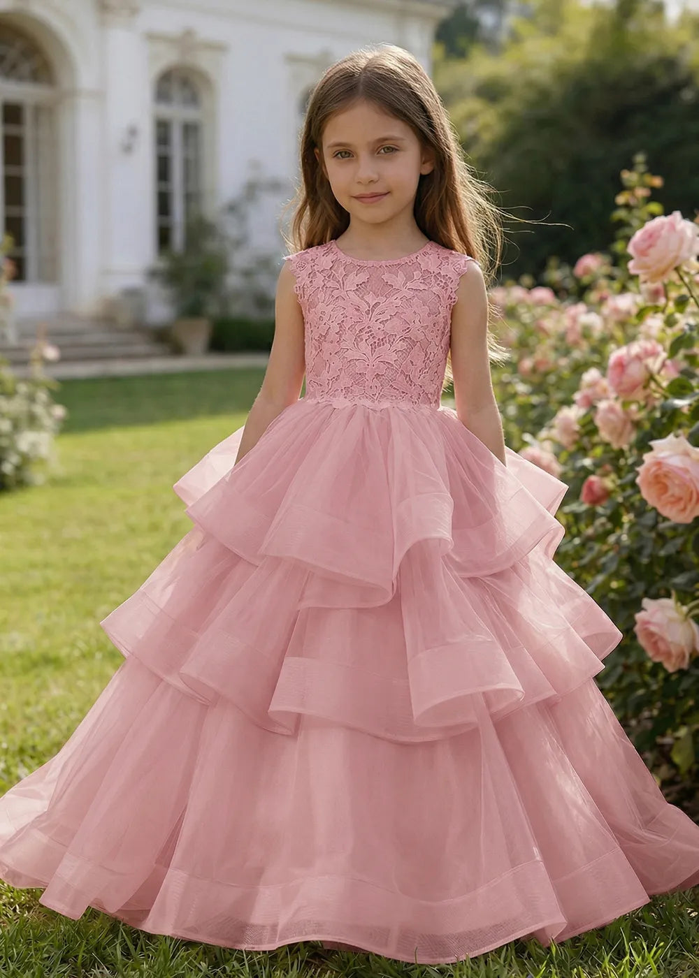 Lace Top Ball Gown Tulle Dress for Wedding Party