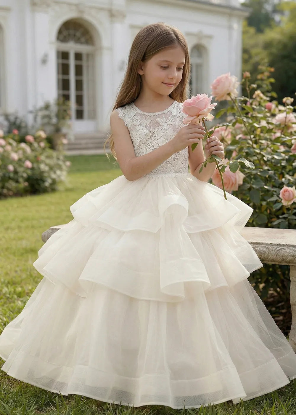 Lace Top Ball Gown Tulle Dress for Wedding Party