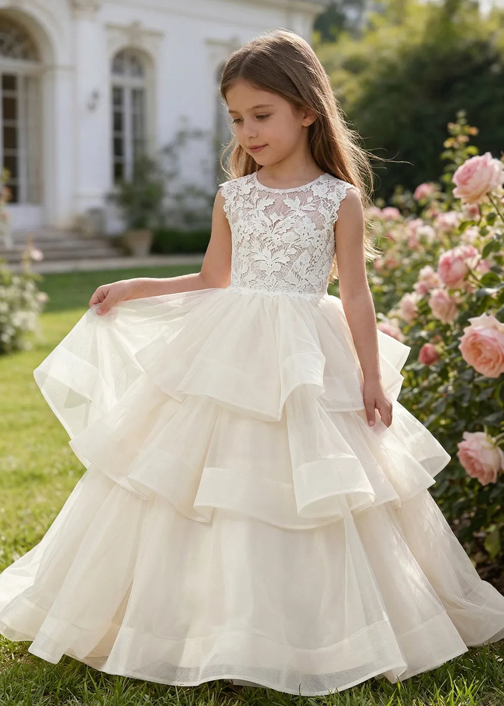 Lace Top Ball Gown Tulle Dress for Wedding Party