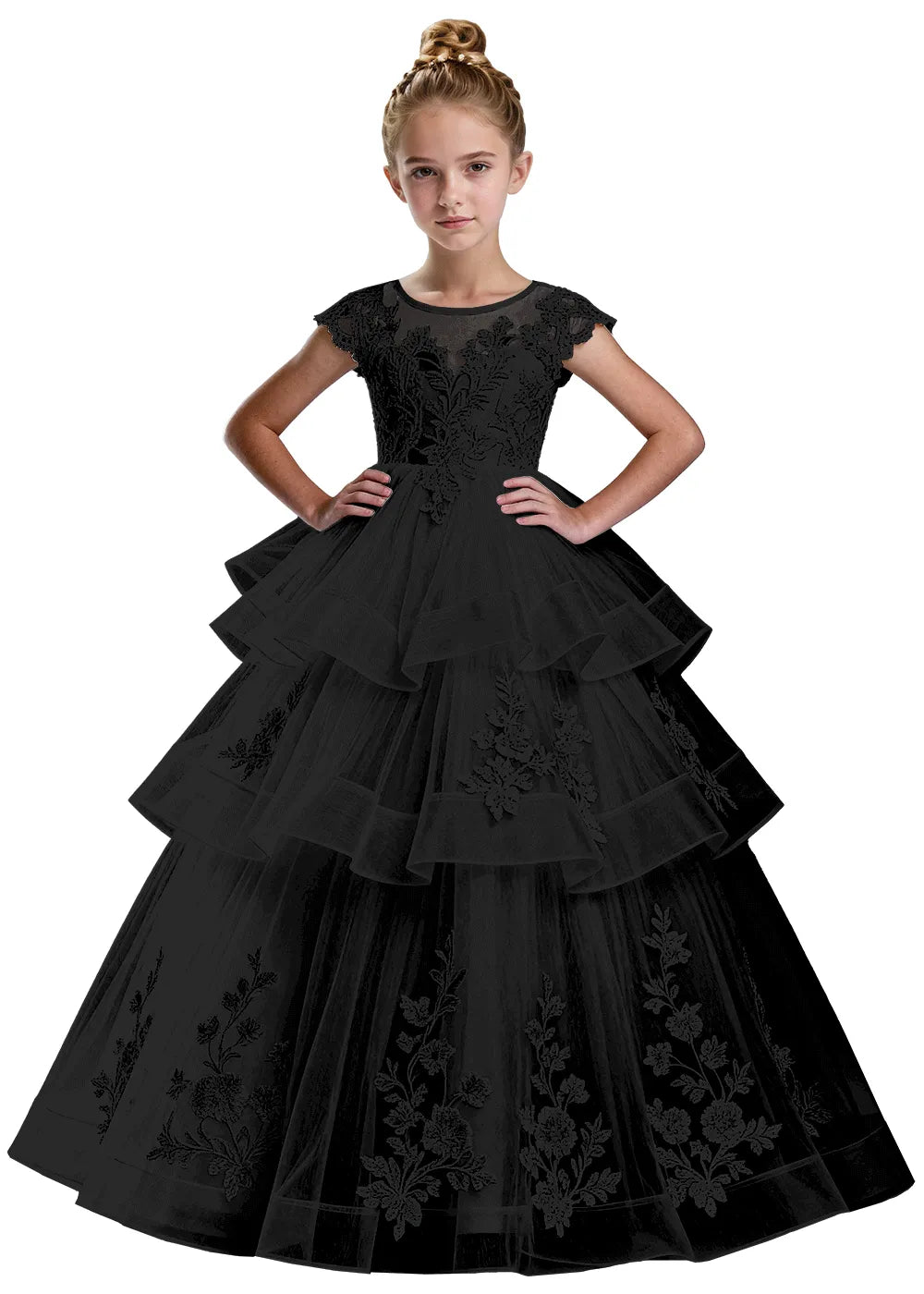 Layered Tulle Ball Gown with Embroidered Skirt for Kids