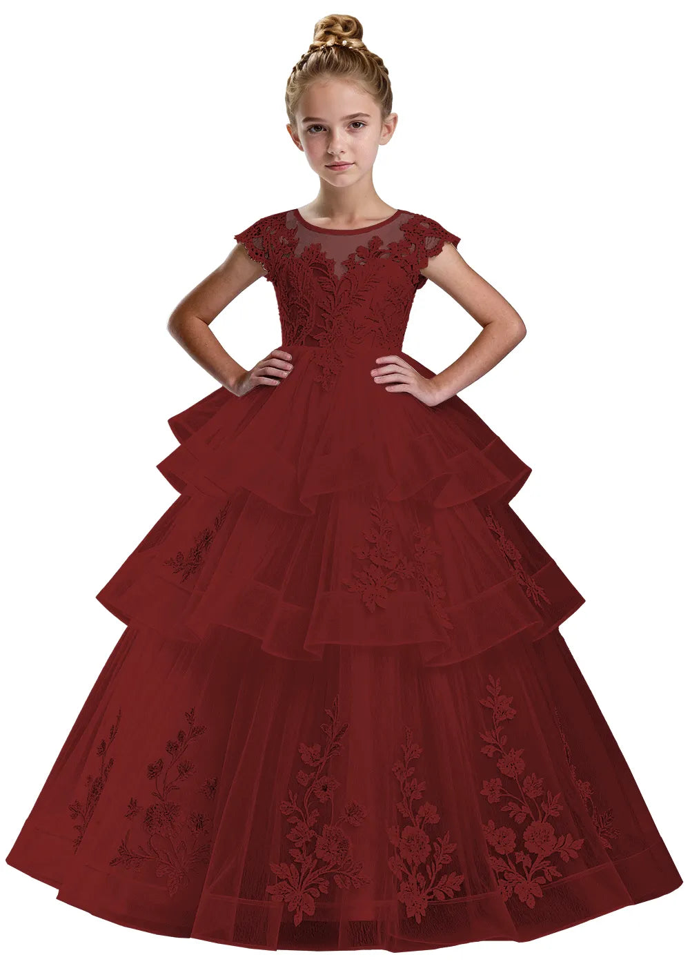 Layered Tulle Ball Gown with Embroidered Skirt for Kids