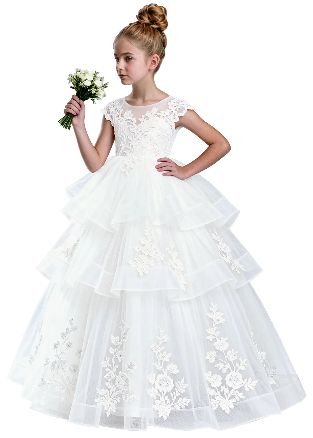 Layered Tulle Ball Gown with Embroidered Skirt for Kids