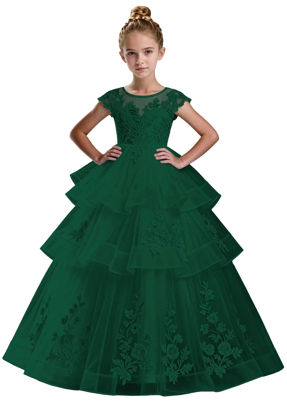 Layered Tulle Ball Gown with Embroidered Skirt for Kids