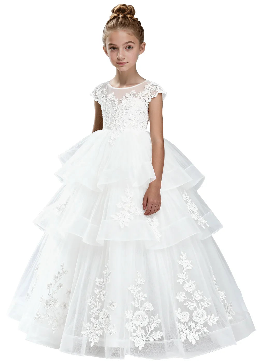 Layered Tulle Ball Gown with Embroidered Skirt for Kids