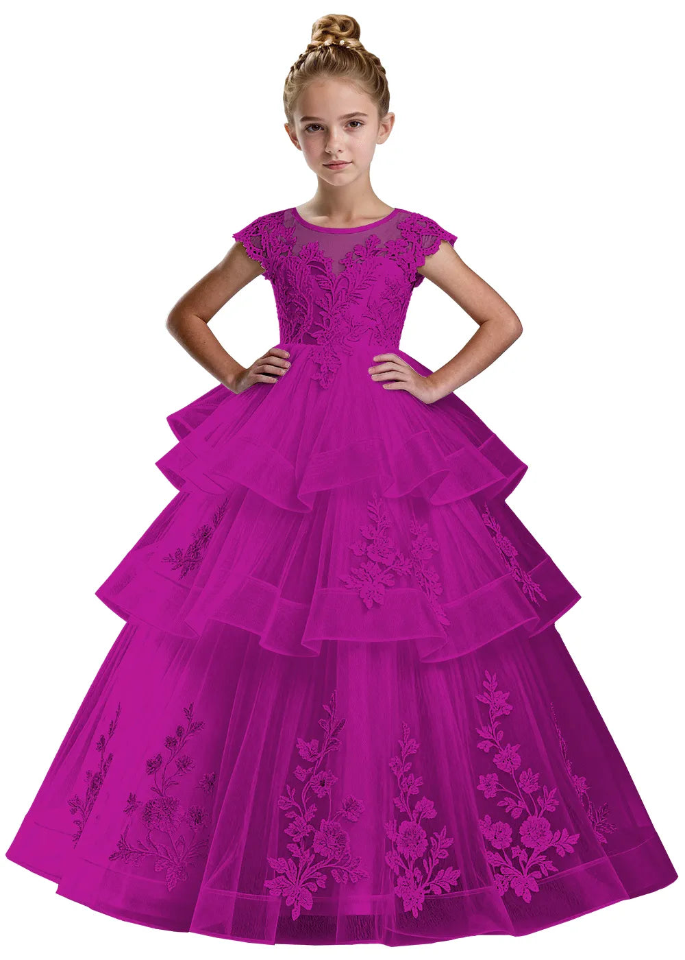 Layered Tulle Ball Gown with Embroidered Skirt for Kids