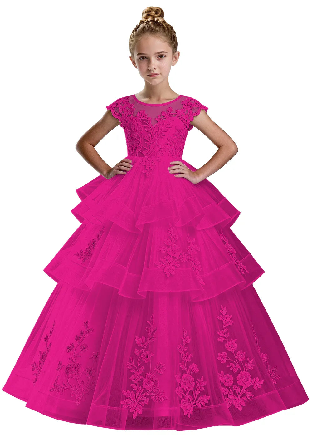 Layered Tulle Ball Gown with Embroidered Skirt for Kids