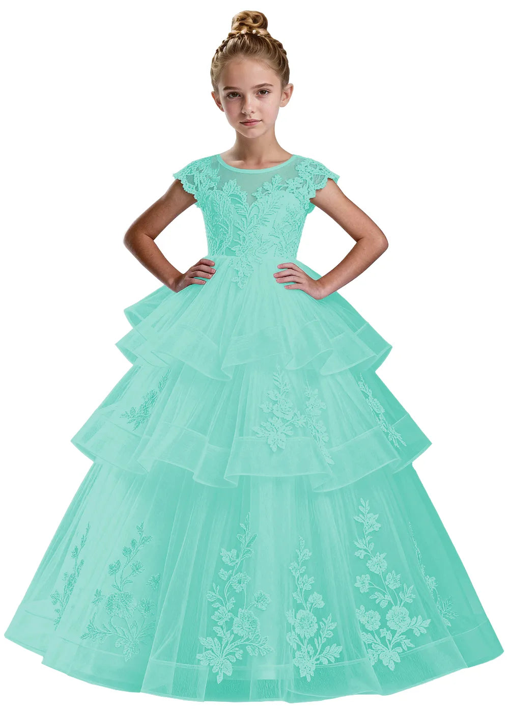 Layered Tulle Ball Gown with Embroidered Skirt for Kids