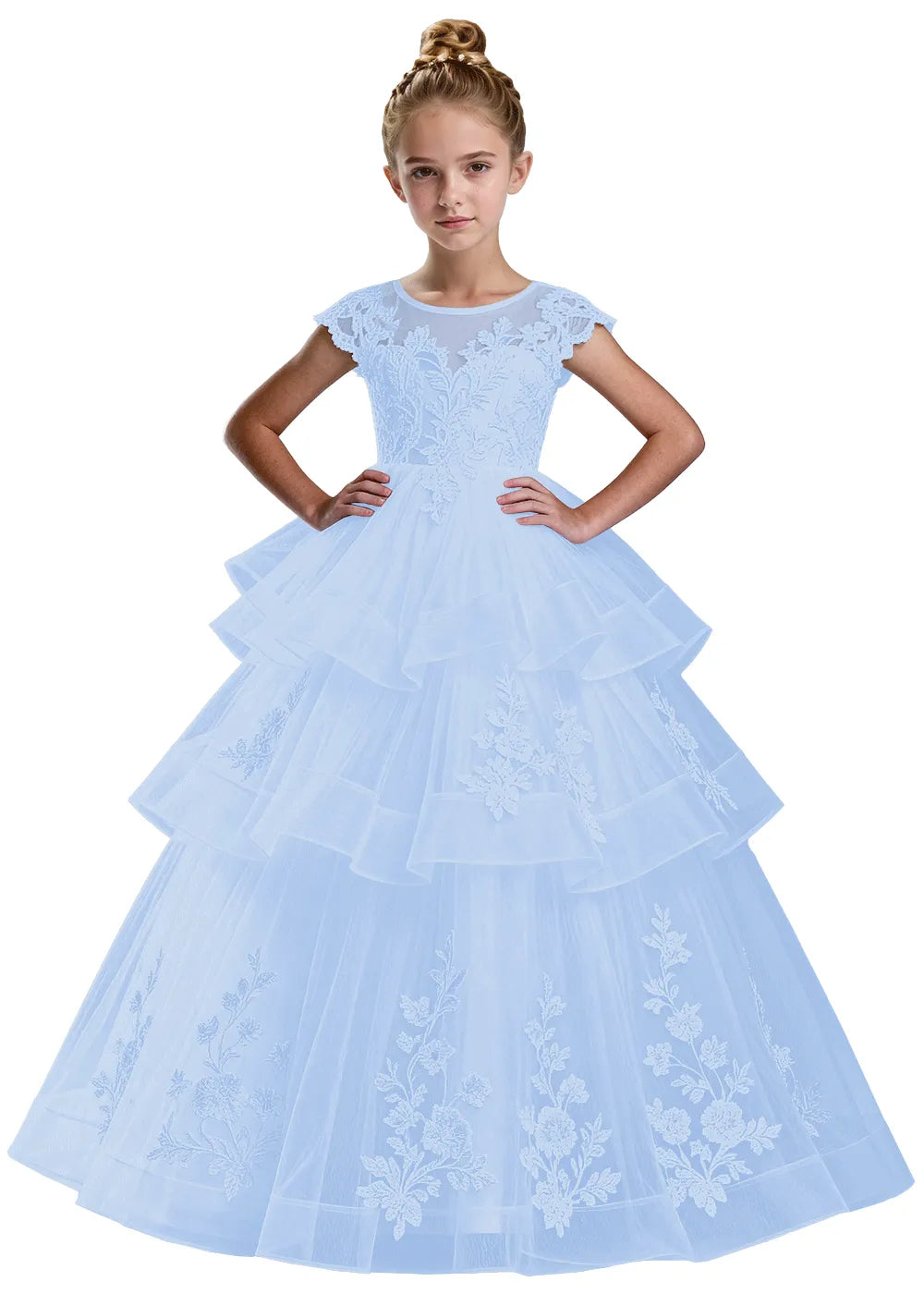Layered Tulle Ball Gown with Embroidered Skirt for Kids