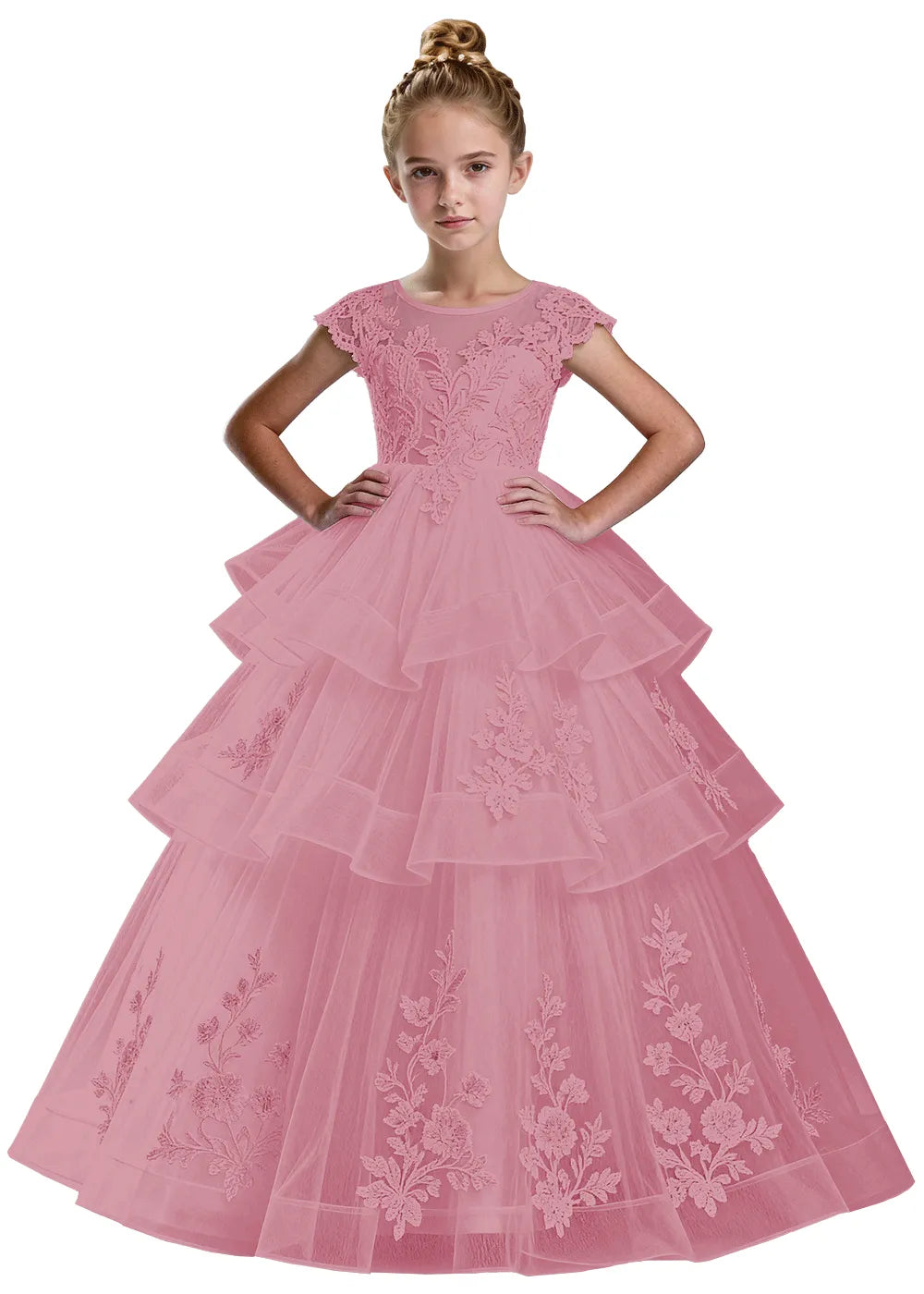 Layered Tulle Ball Gown with Embroidered Skirt for Kids