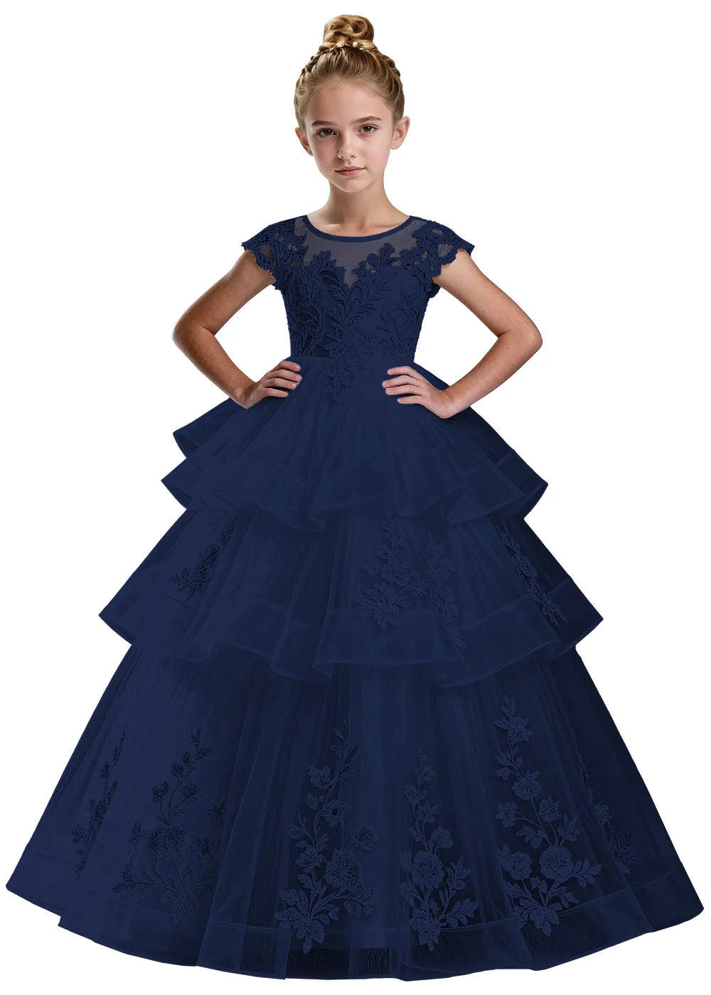 Layered Tulle Ball Gown with Embroidered Skirt for Kids