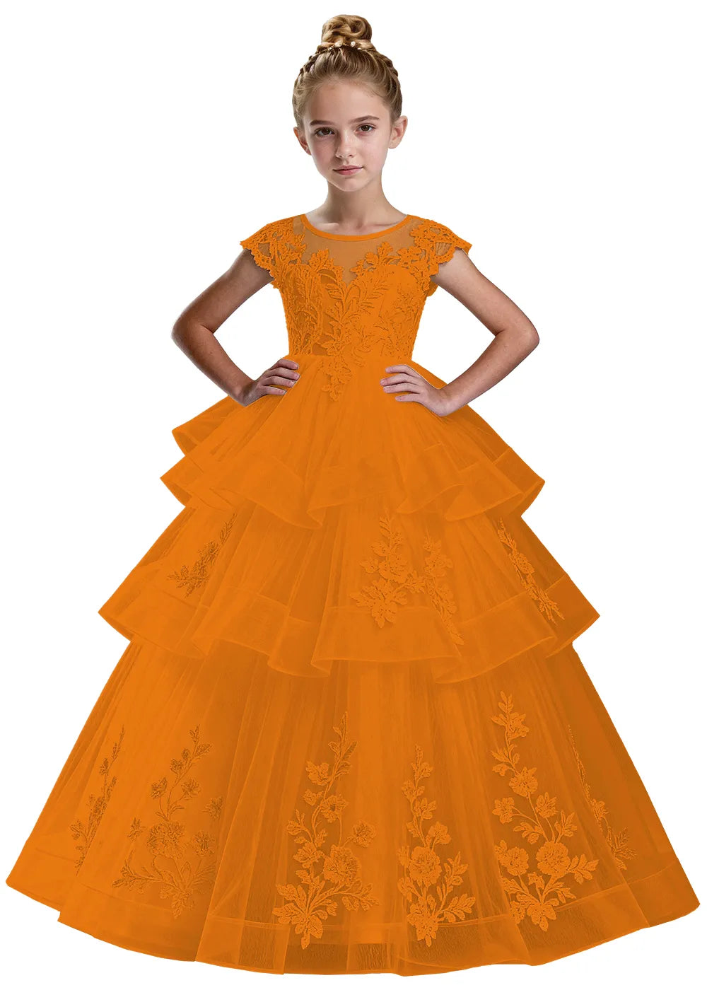 Layered Tulle Ball Gown with Embroidered Skirt for Kids