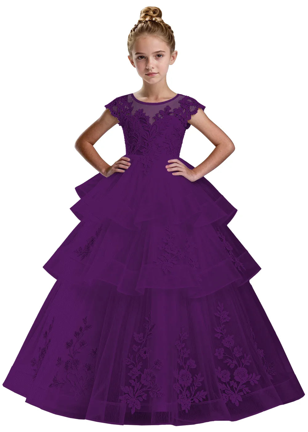 Layered Tulle Ball Gown with Embroidered Skirt for Kids