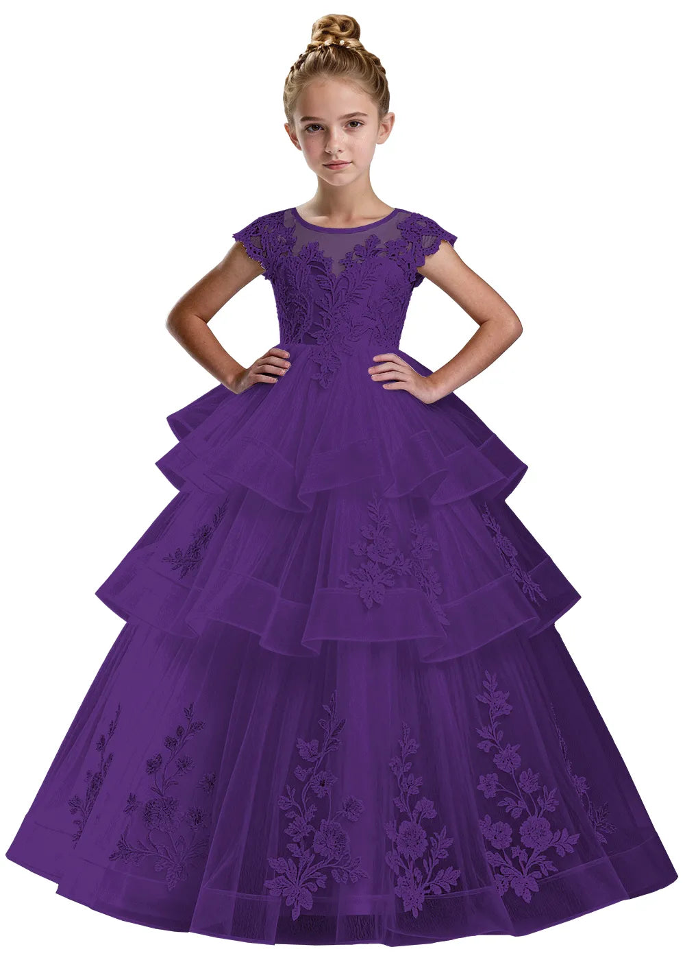 Layered Tulle Ball Gown with Embroidered Skirt for Kids