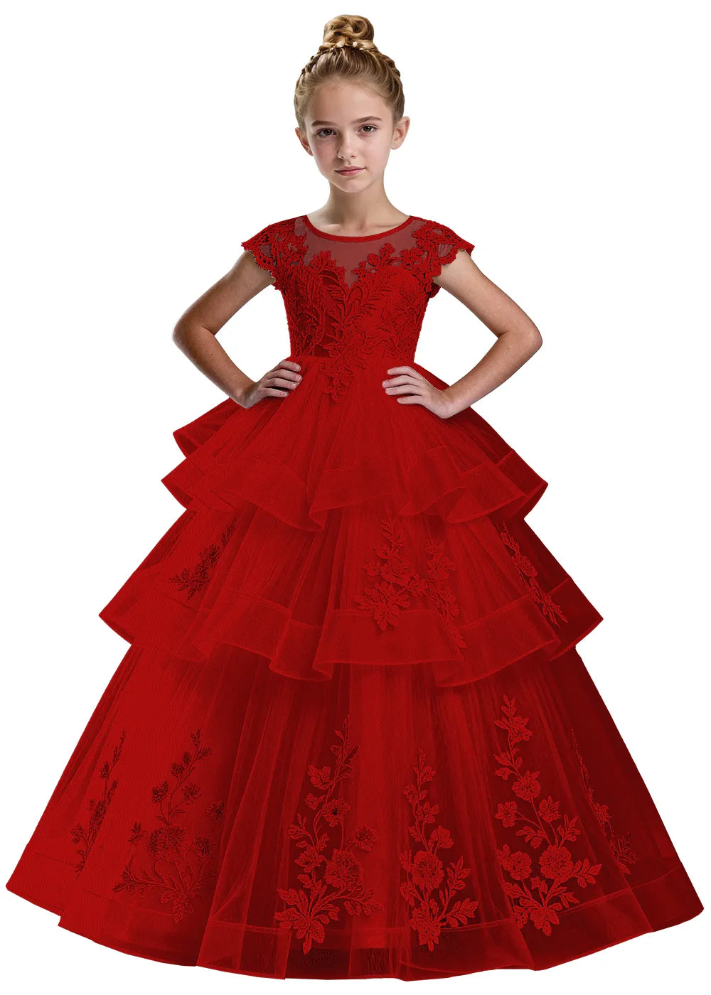 Layered Tulle Ball Gown with Embroidered Skirt for Kids