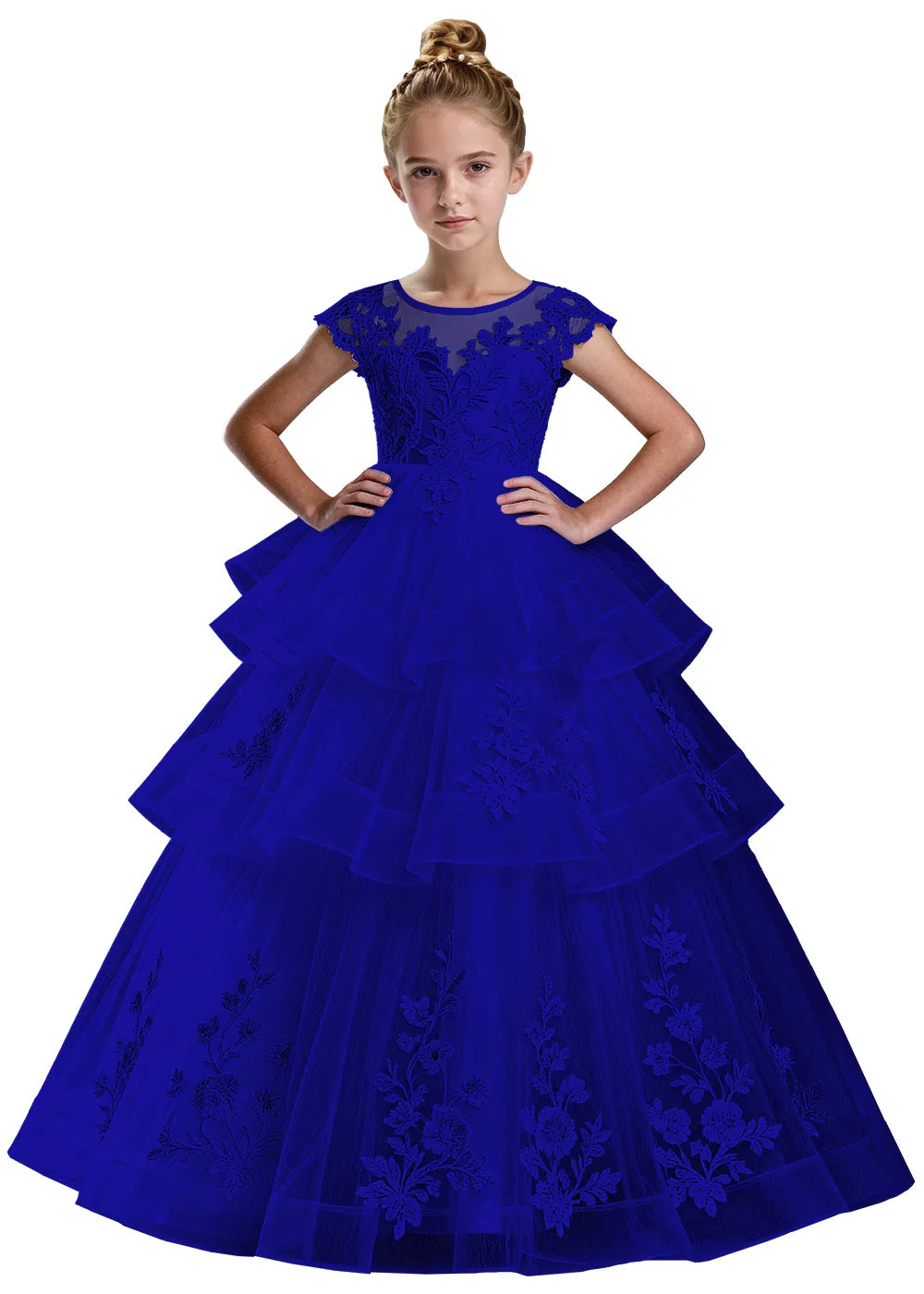 Layered Tulle Ball Gown with Embroidered Skirt for Kids
