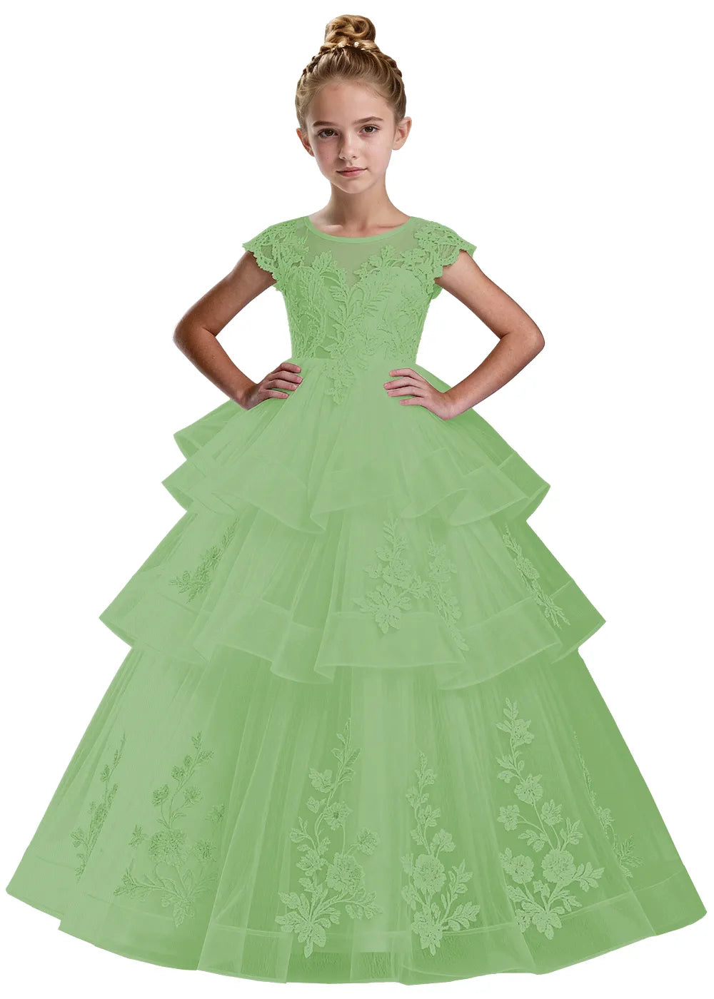 Layered Tulle Ball Gown with Embroidered Skirt for Kids