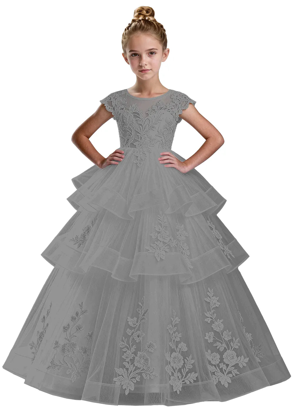 Layered Tulle Ball Gown with Embroidered Skirt for Kids