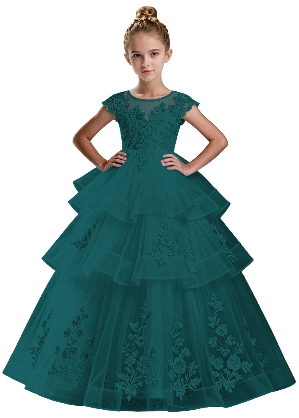 Layered Tulle Ball Gown with Embroidered Skirt for Kids
