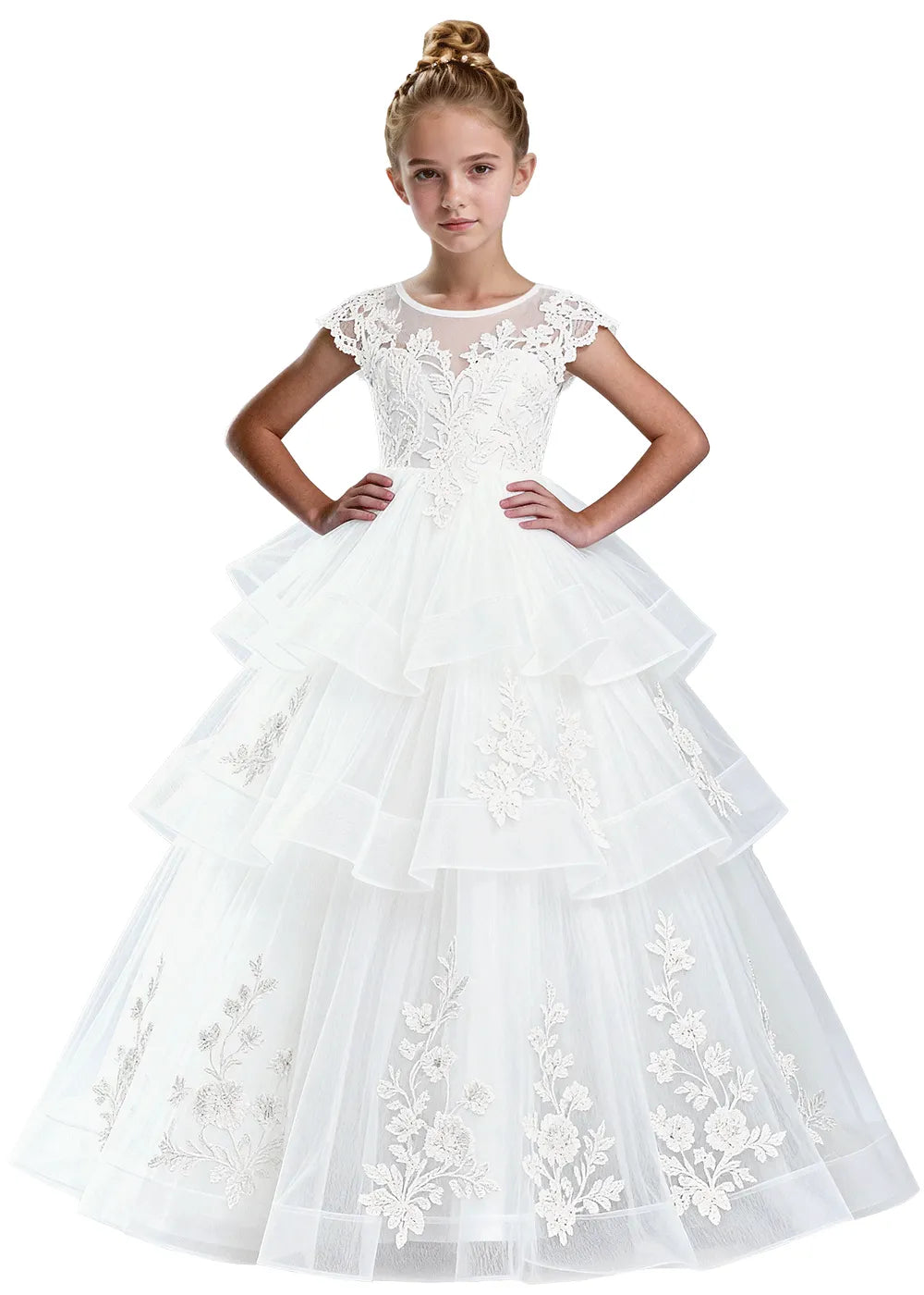 Layered Tulle Ball Gown with Embroidered Skirt for Kids