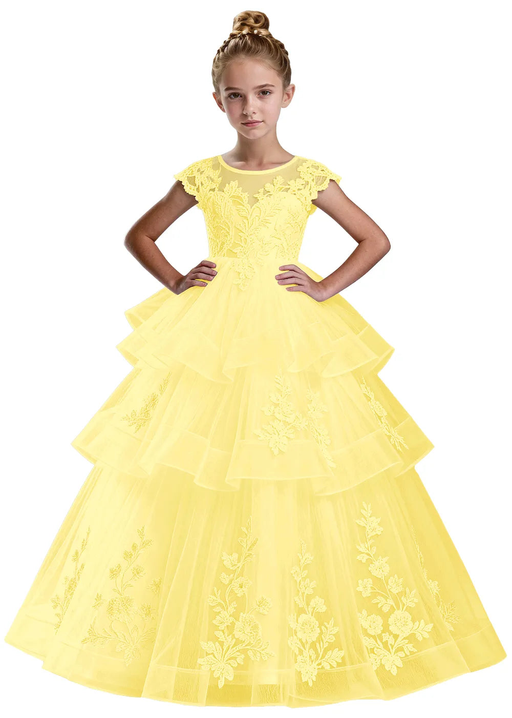 Layered Tulle Ball Gown with Embroidered Skirt for Kids