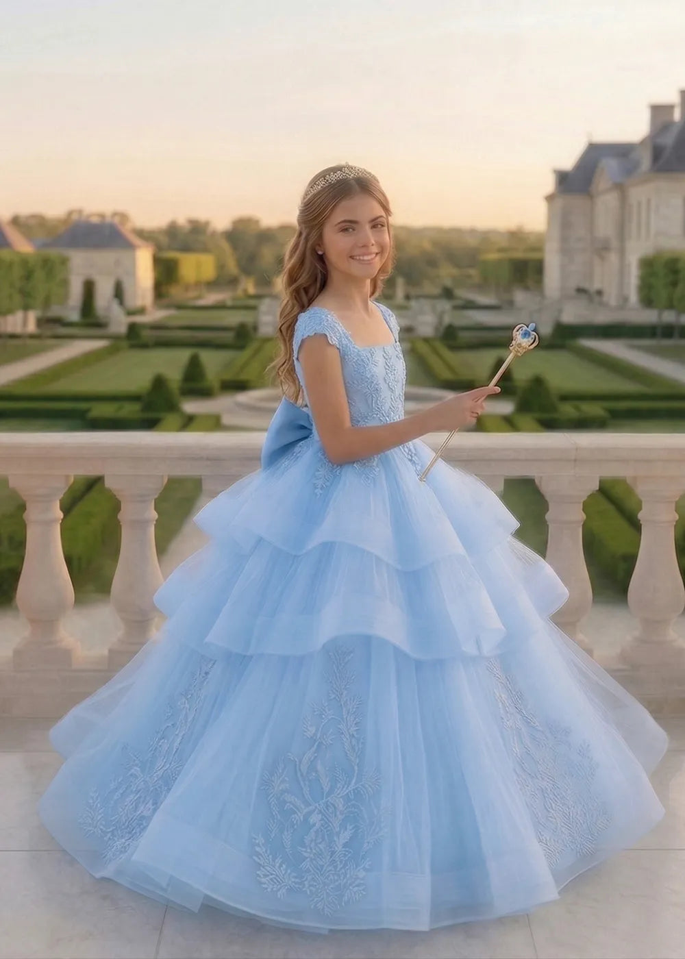 Boutique Embroidered Tulle Princess Gown with Oversized Bow