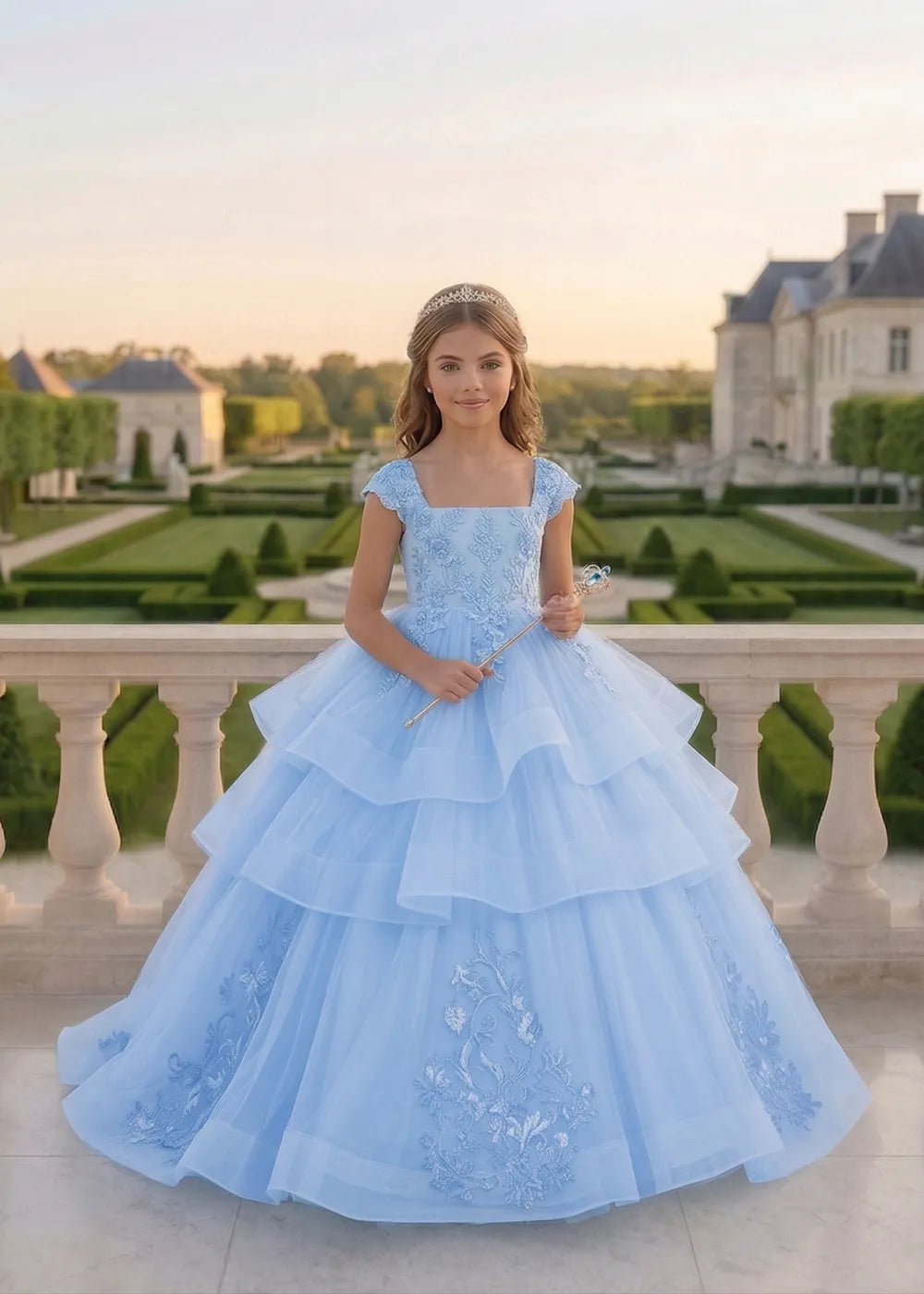 Boutique Embroidered Tulle Princess Gown with Oversized Bow