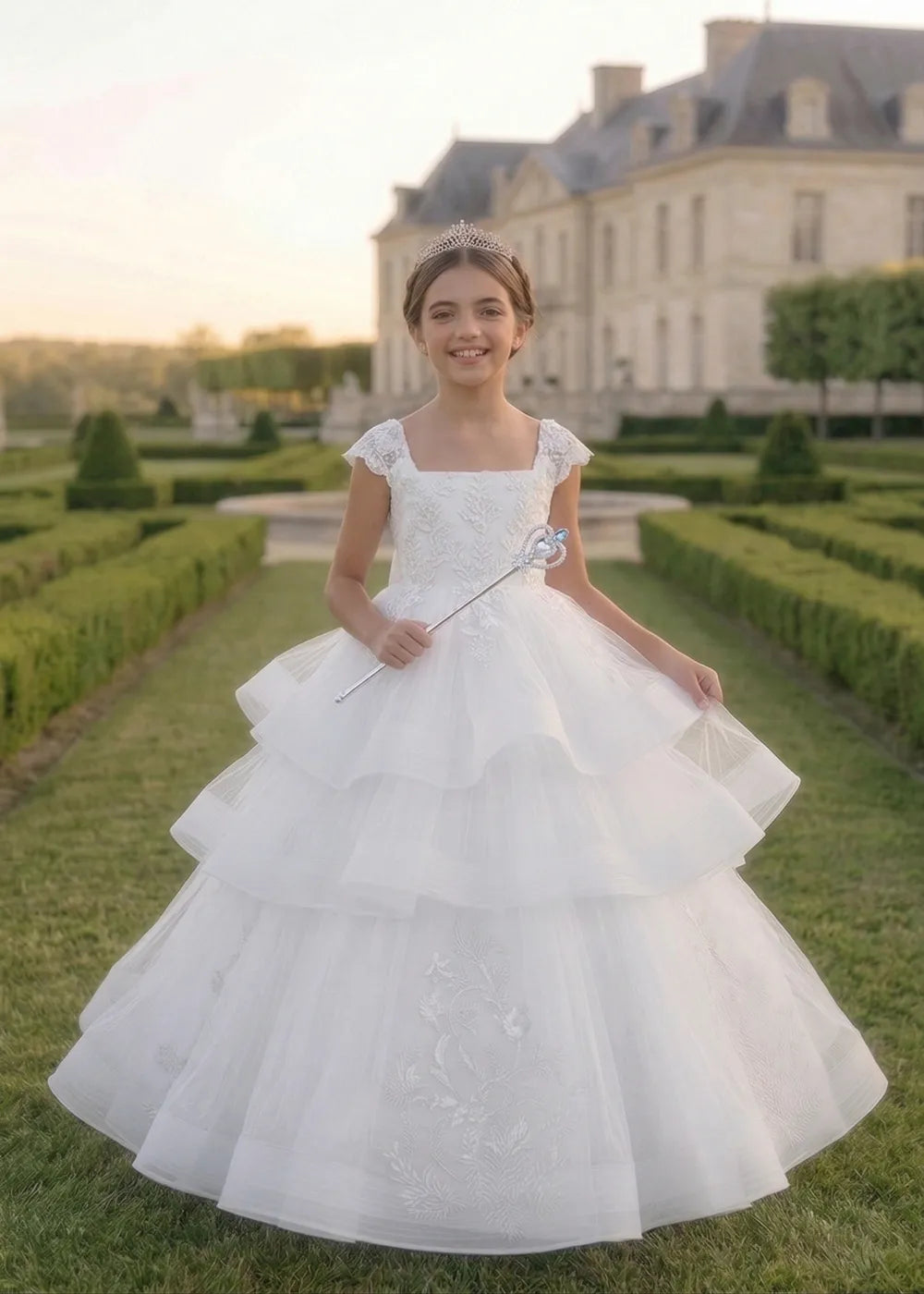 Boutique Embroidered Tulle Princess Gown with Oversized Bow