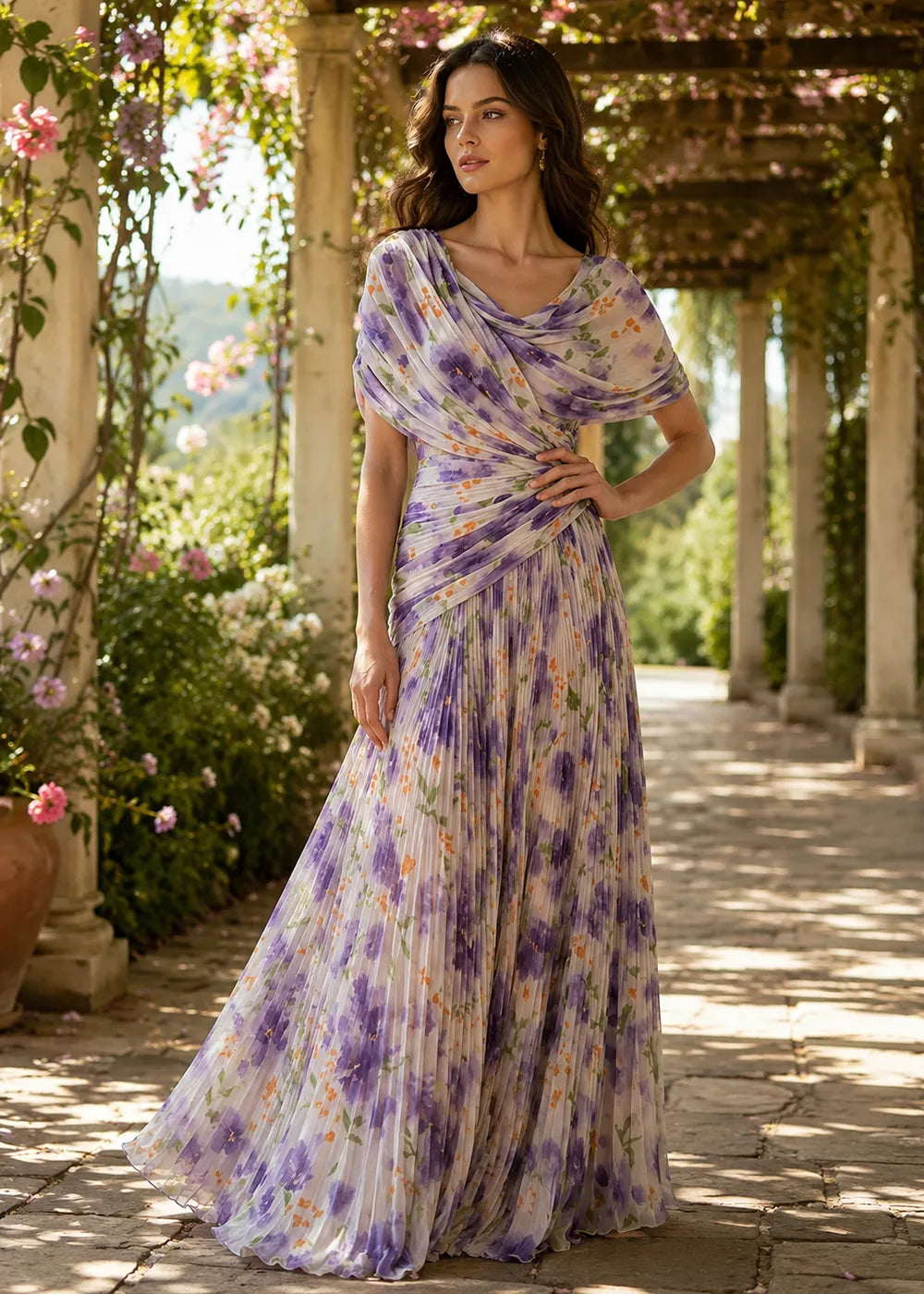 Romantic Floral Chiffon Maxi Dress with Draped Neckline