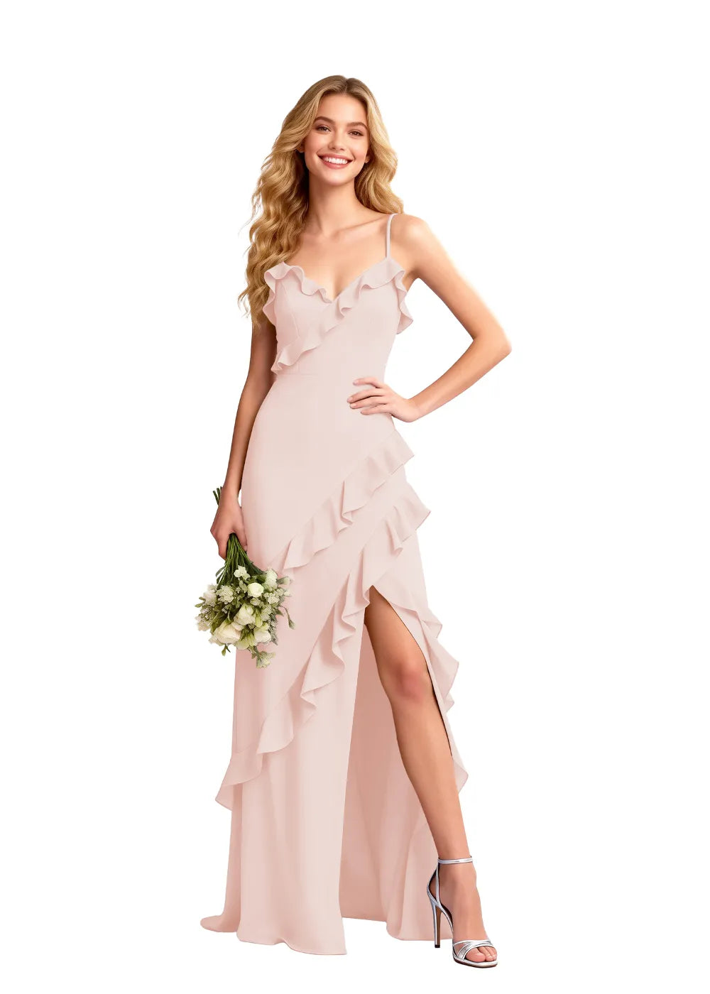 Romantic Slit Ruffle Chiffon Bridesmaid Dress