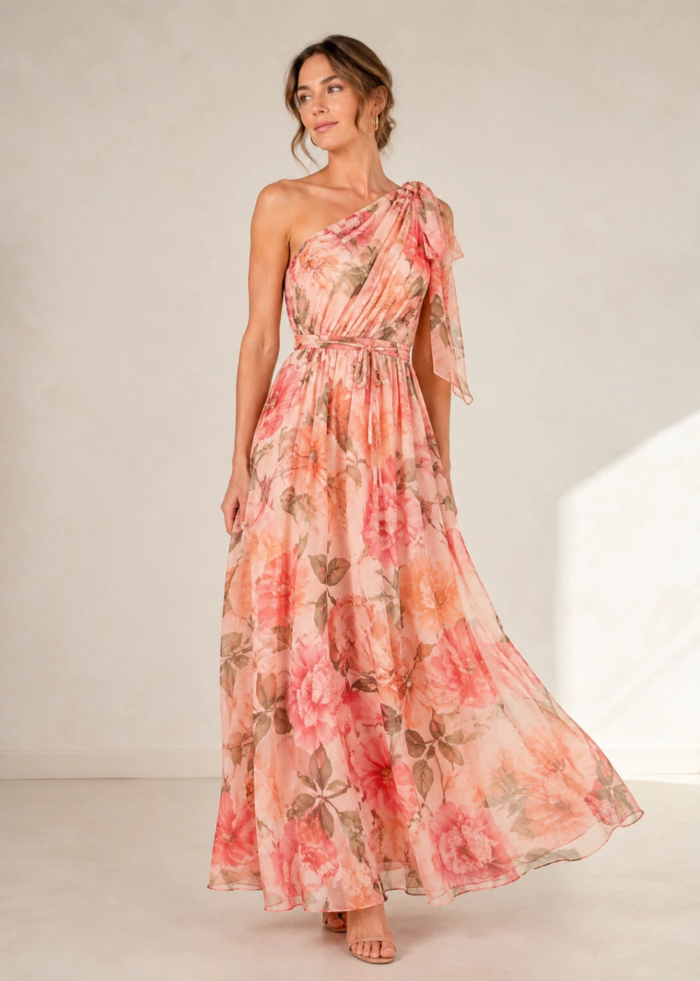 Coral Floral One-Shoulder Chiffon Maxi Dress