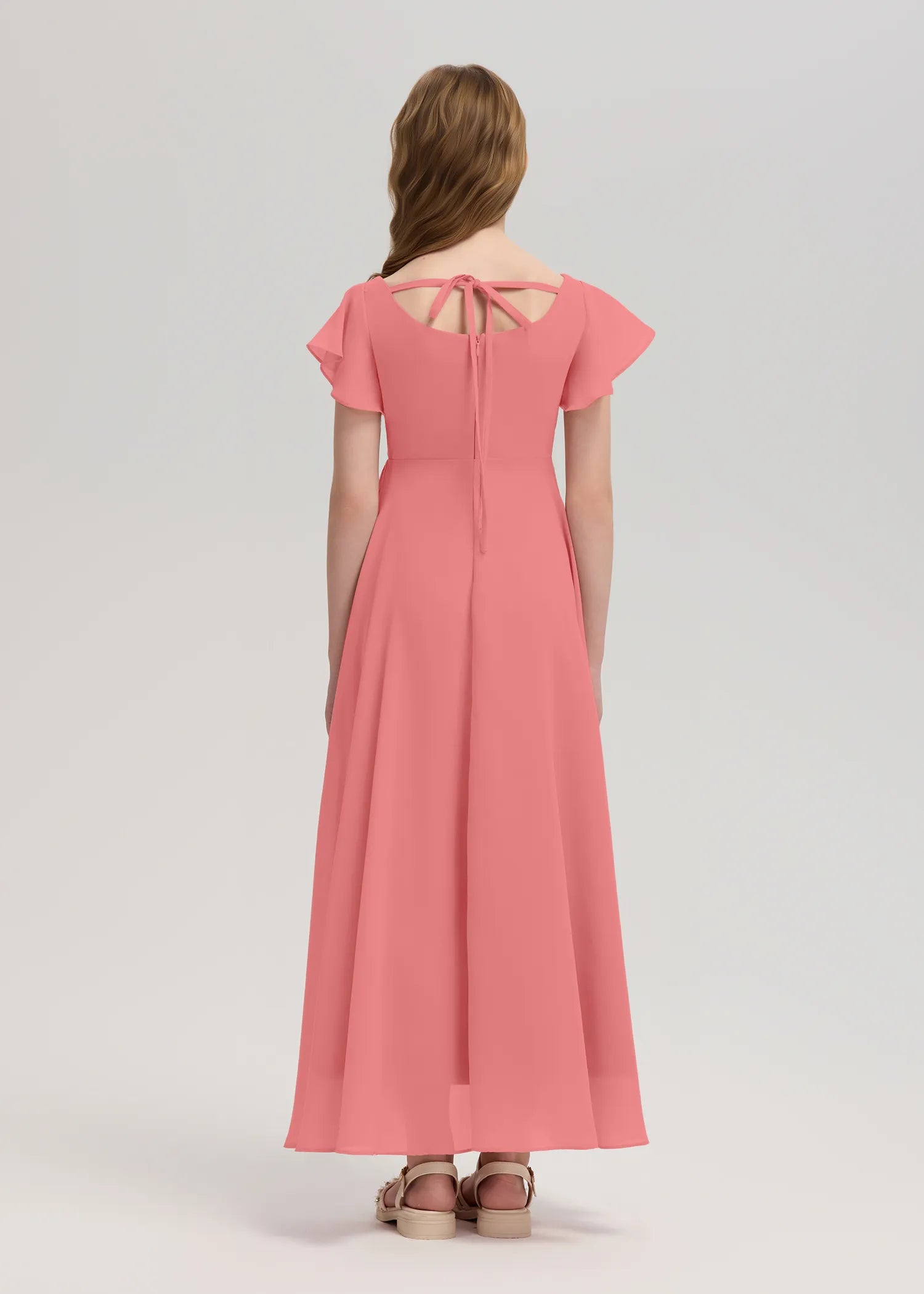 Square Neck Flutter Sleeve Chiffon Dress-[Pink]
