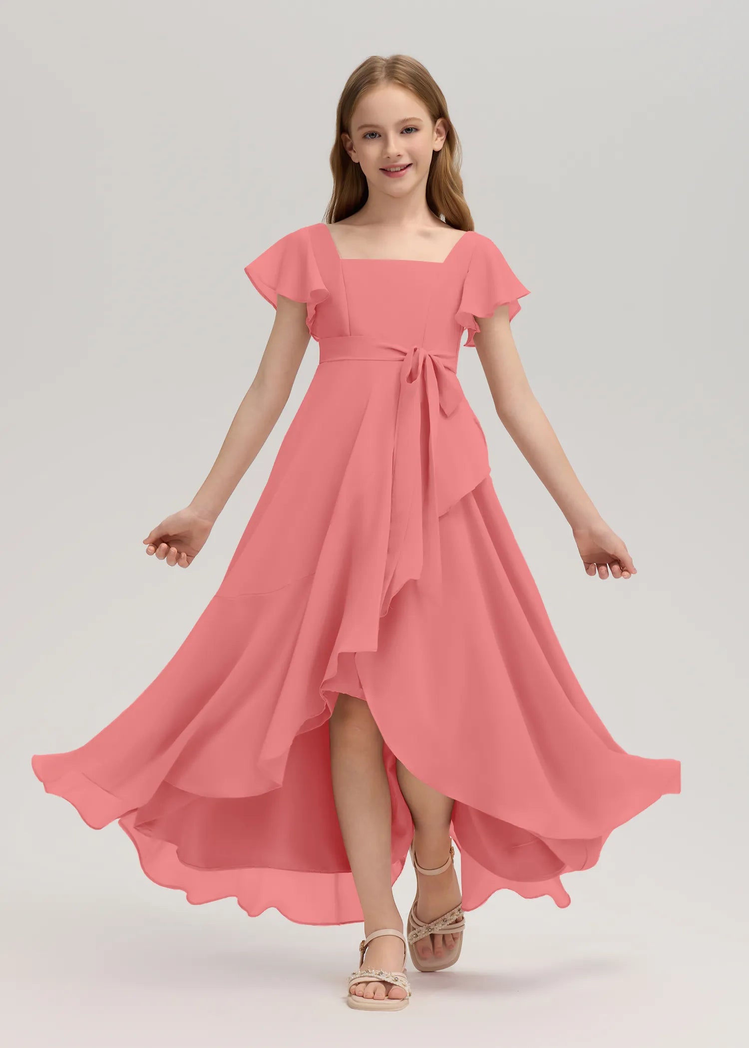 Square Neck Flutter Sleeve Chiffon Dress-[Pink]