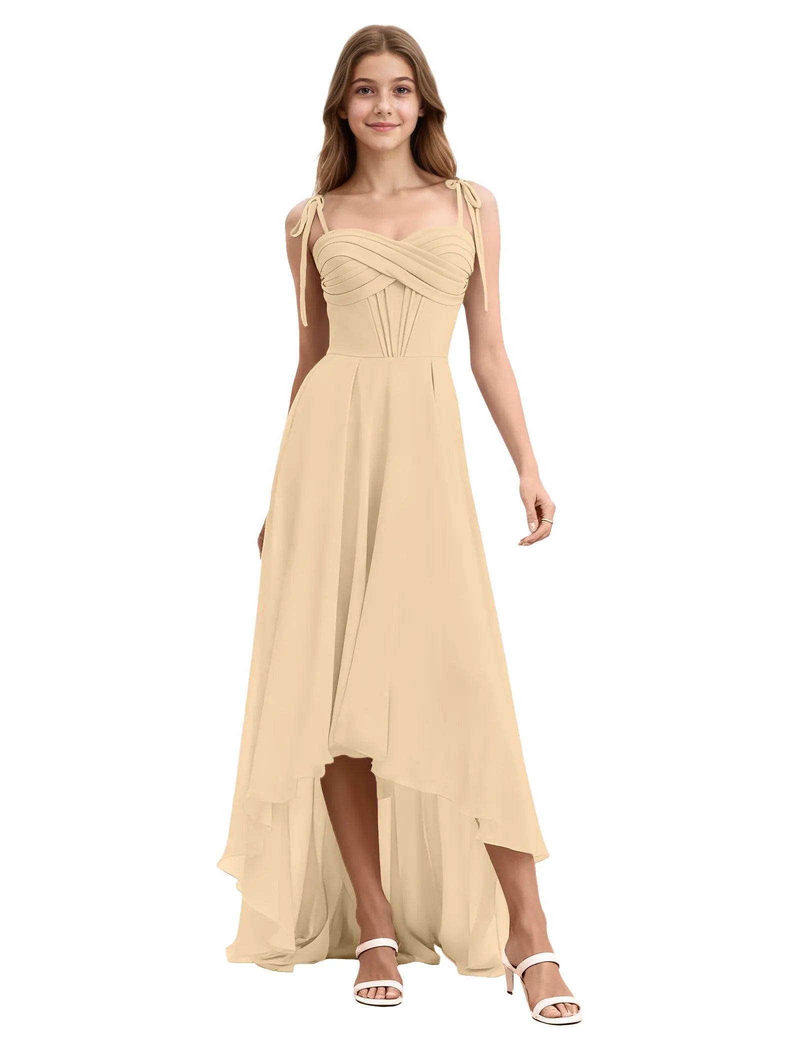 Girls High Low Chiffon Dress with Ruched Bodice