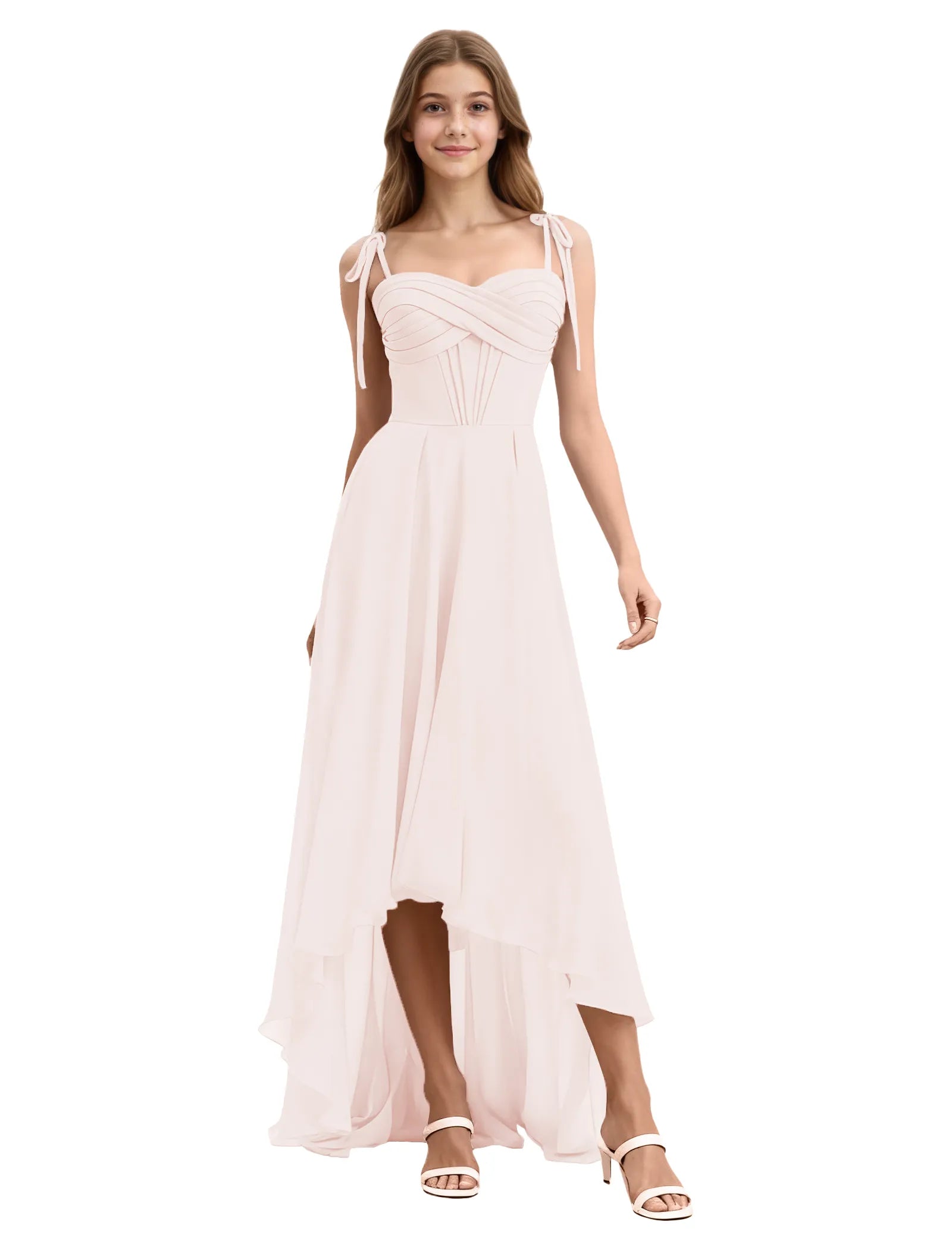 Girls High Low Chiffon Dress with Ruched Bodice