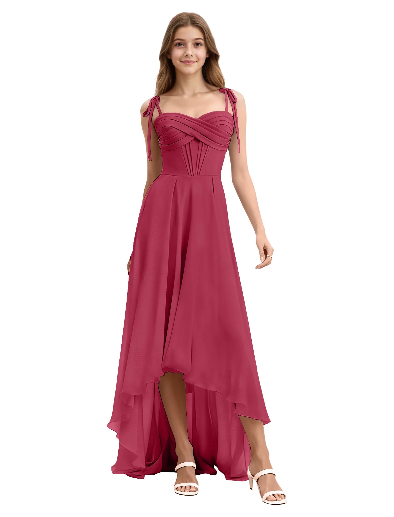 Girls High Low Chiffon Dress with Ruched Bodice