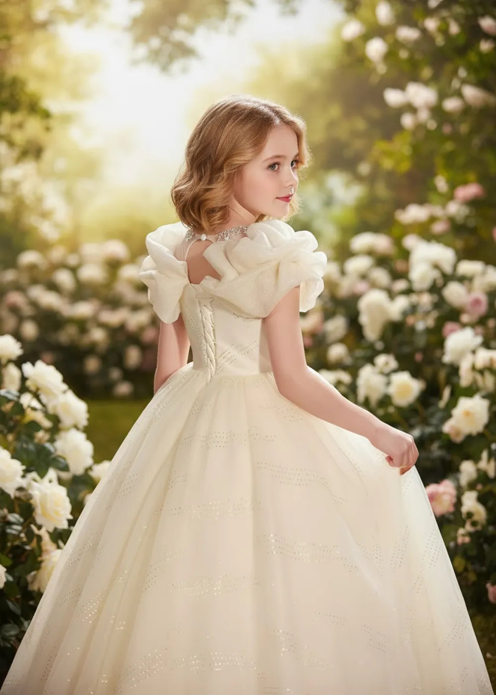 Elegant Puff Sleeve birthday girl dress Glitter Tulle Princess Gown | Fynony Elegant Puff Sleeve birthday girl dress Glitter Tulle Princess Gown | Fynony