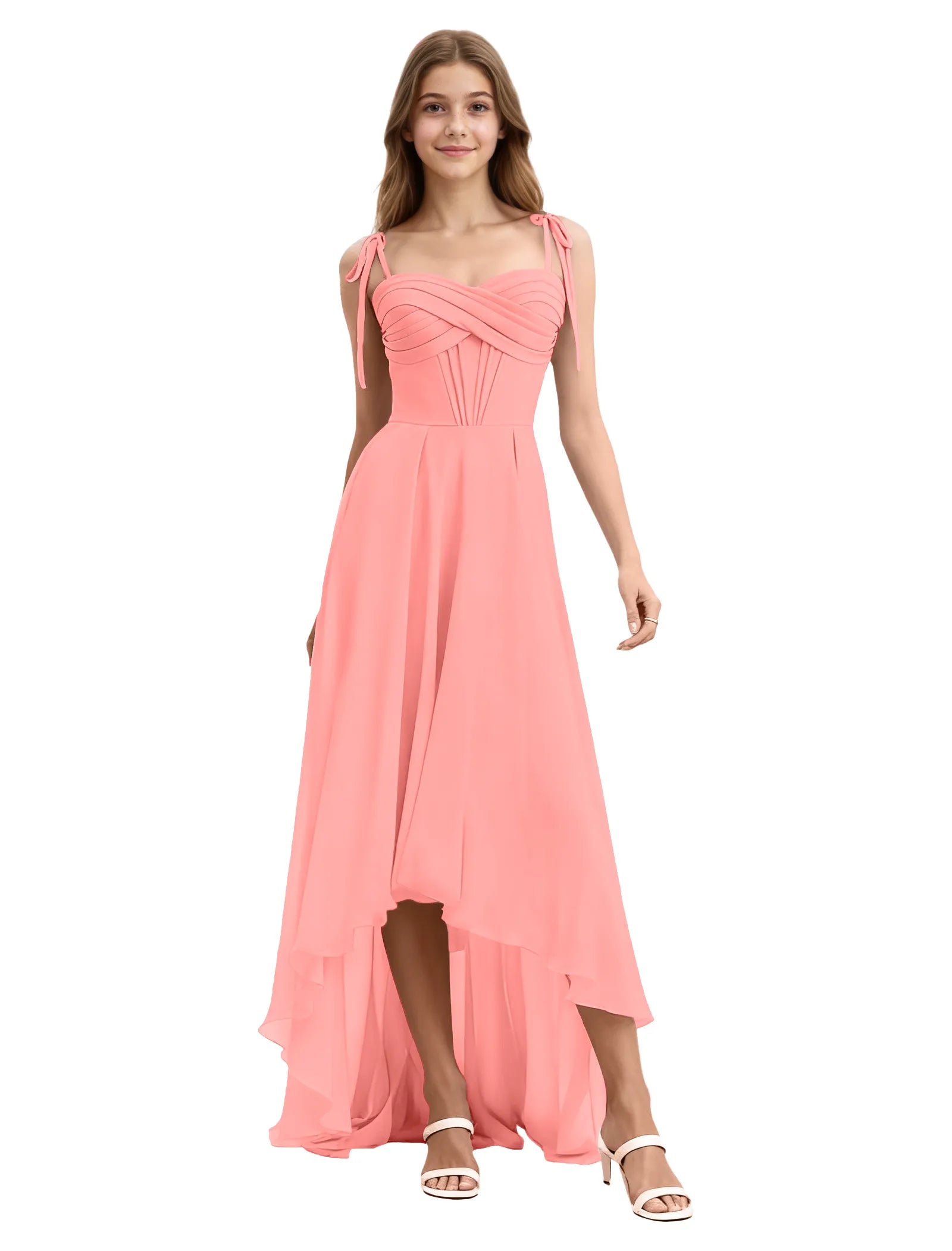 Girls High Low Chiffon Dress with Ruched Bodice