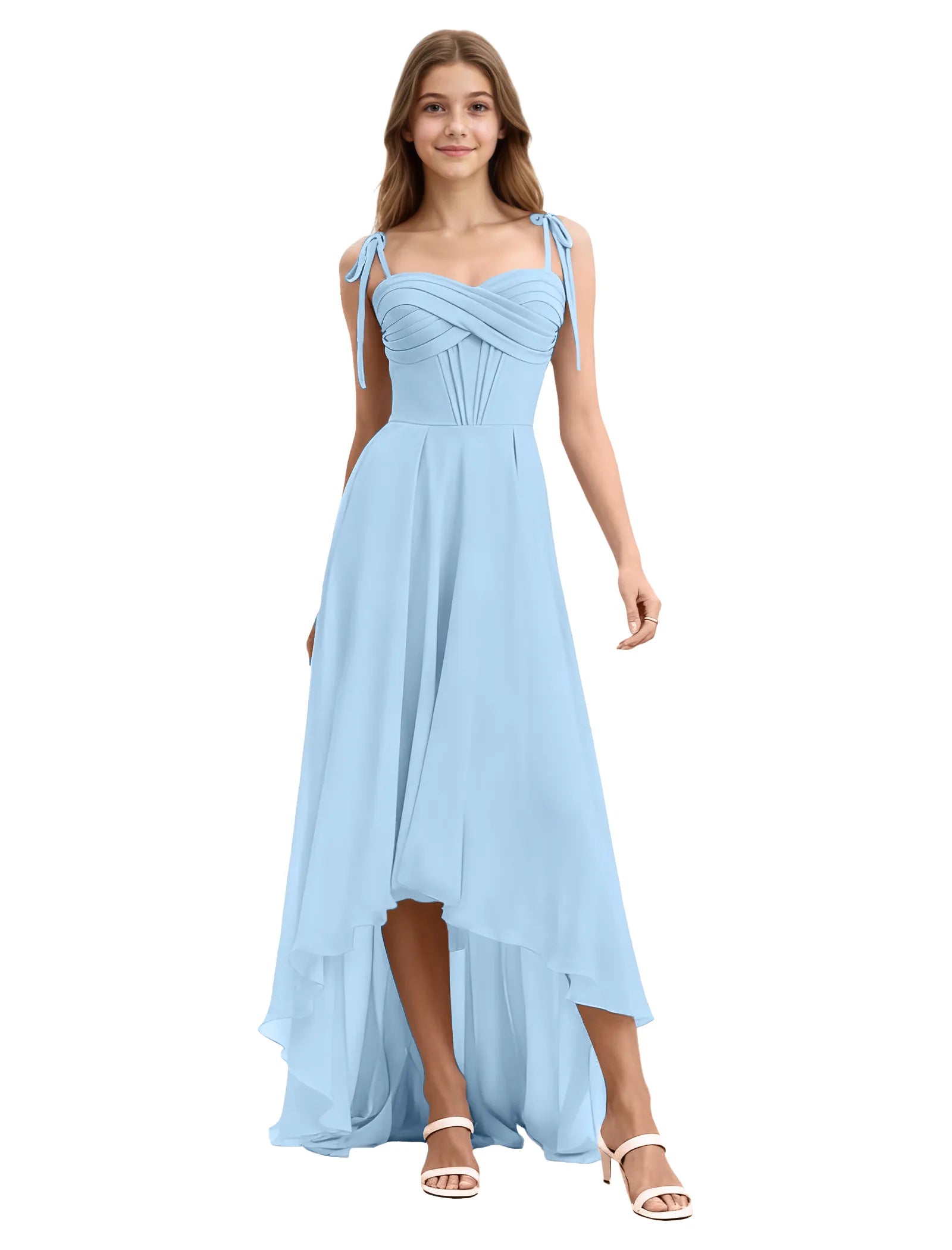 Girls High Low Chiffon Dress with Ruched Bodice