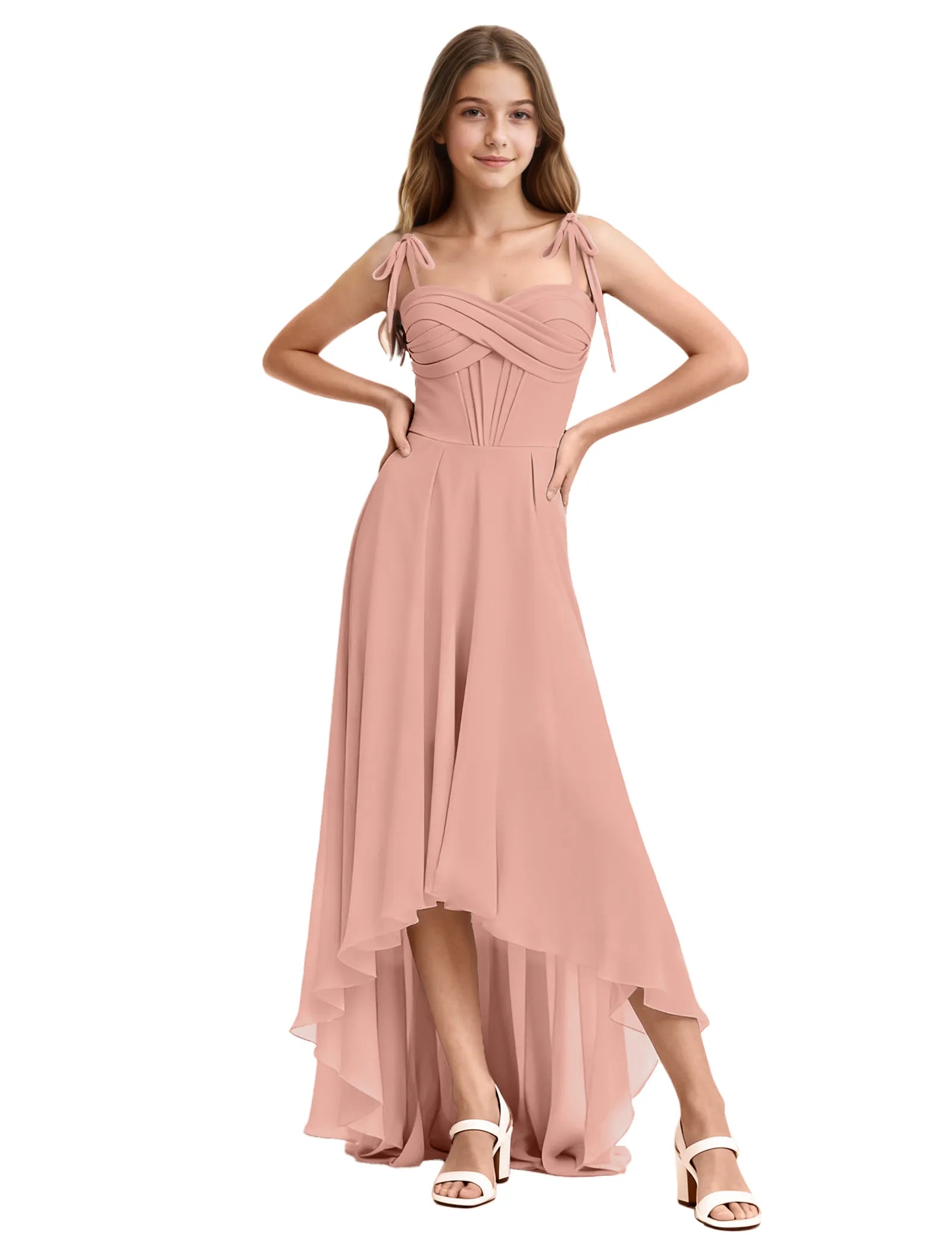 Girls High Low Chiffon Dress with Ruched Bodice