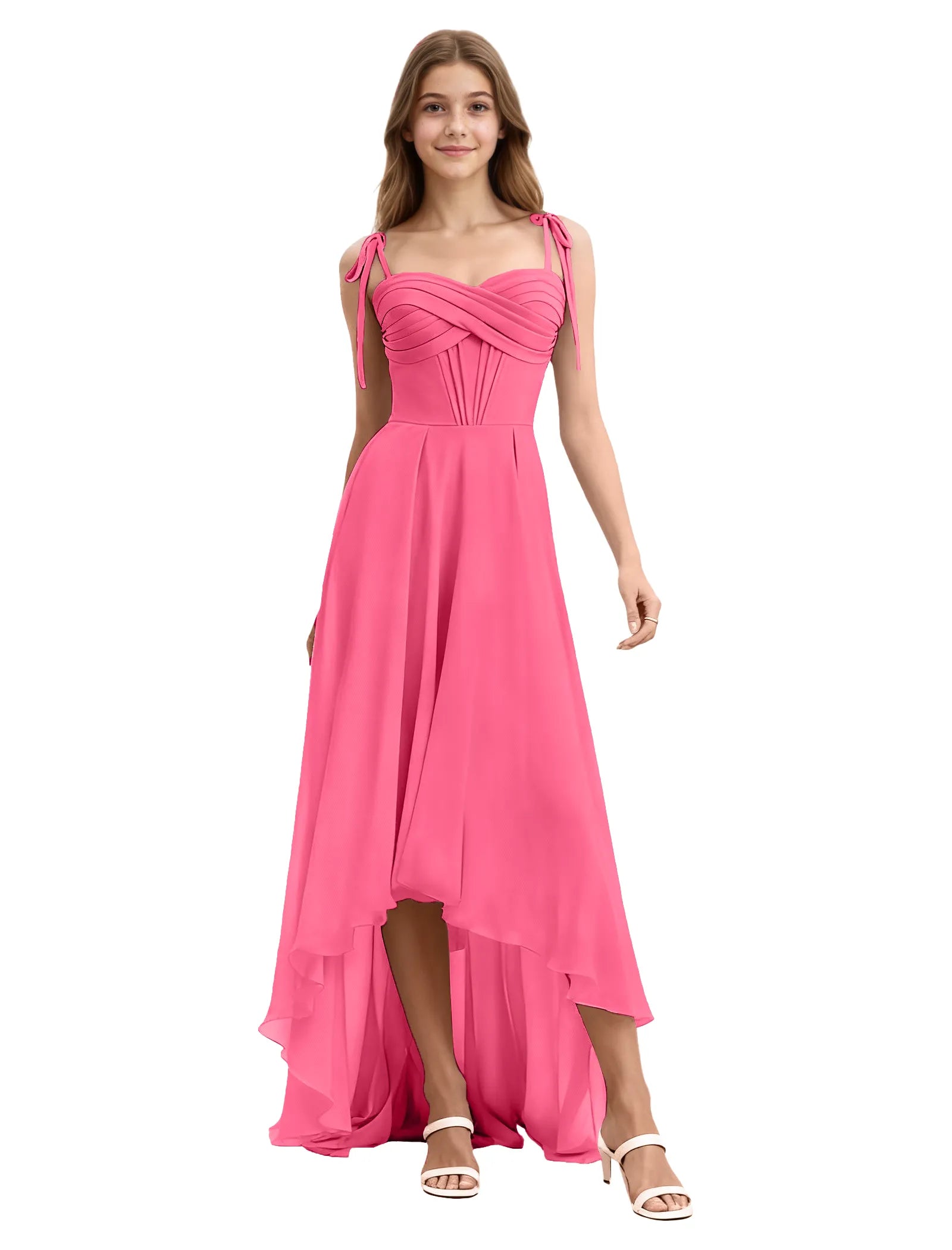Girls High Low Chiffon Dress with Ruched Bodice