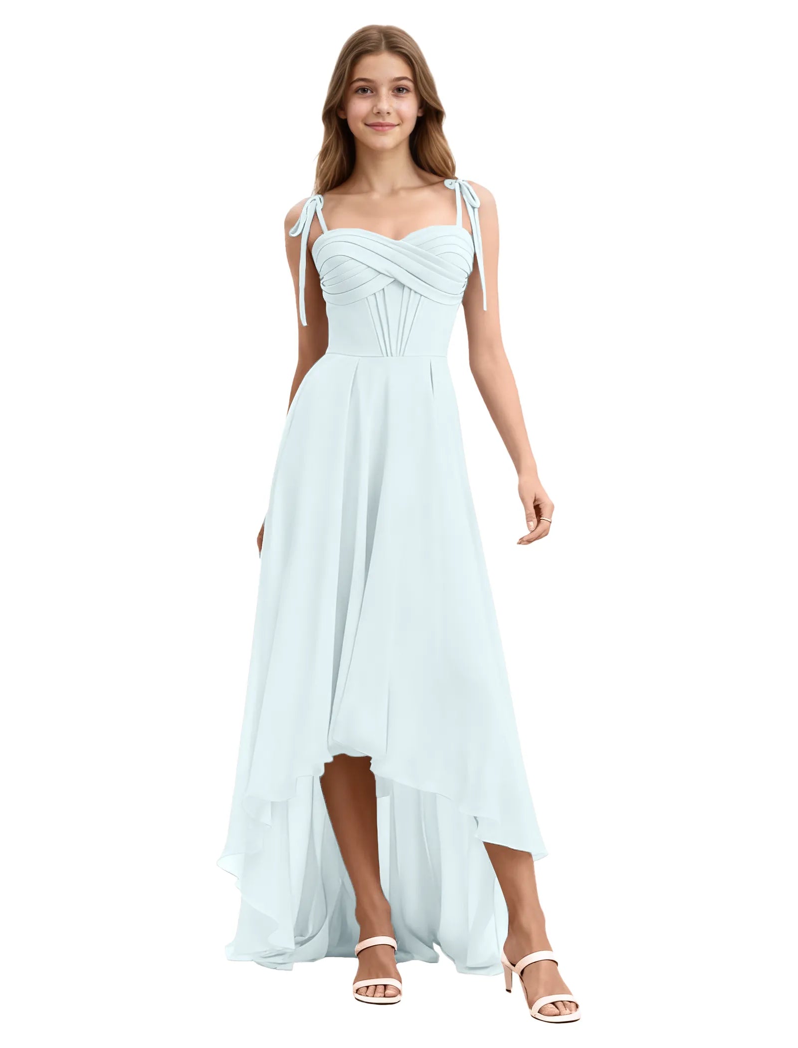 Girls High Low Chiffon Dress with Ruched Bodice