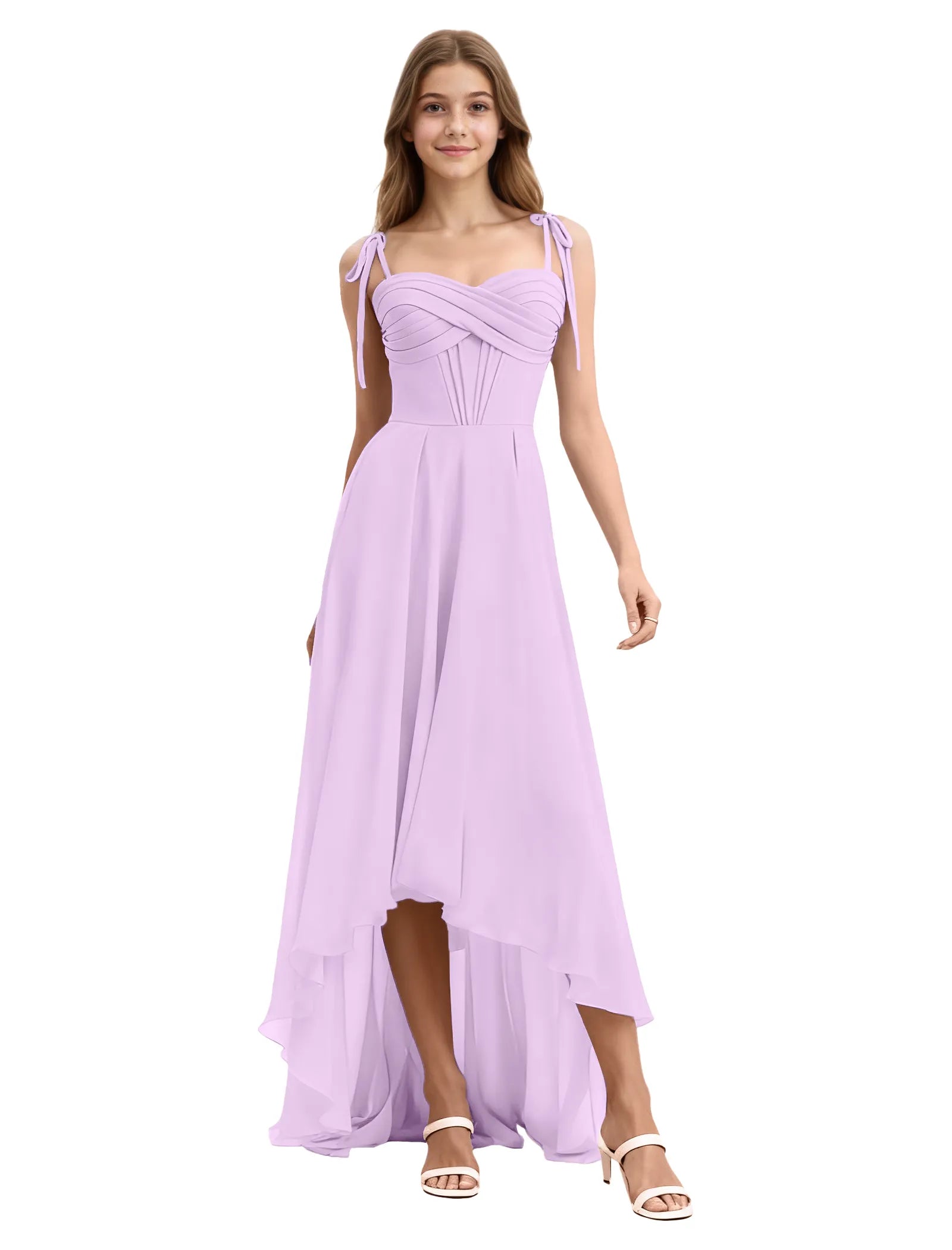 Girls High Low Chiffon Dress with Ruched Bodice