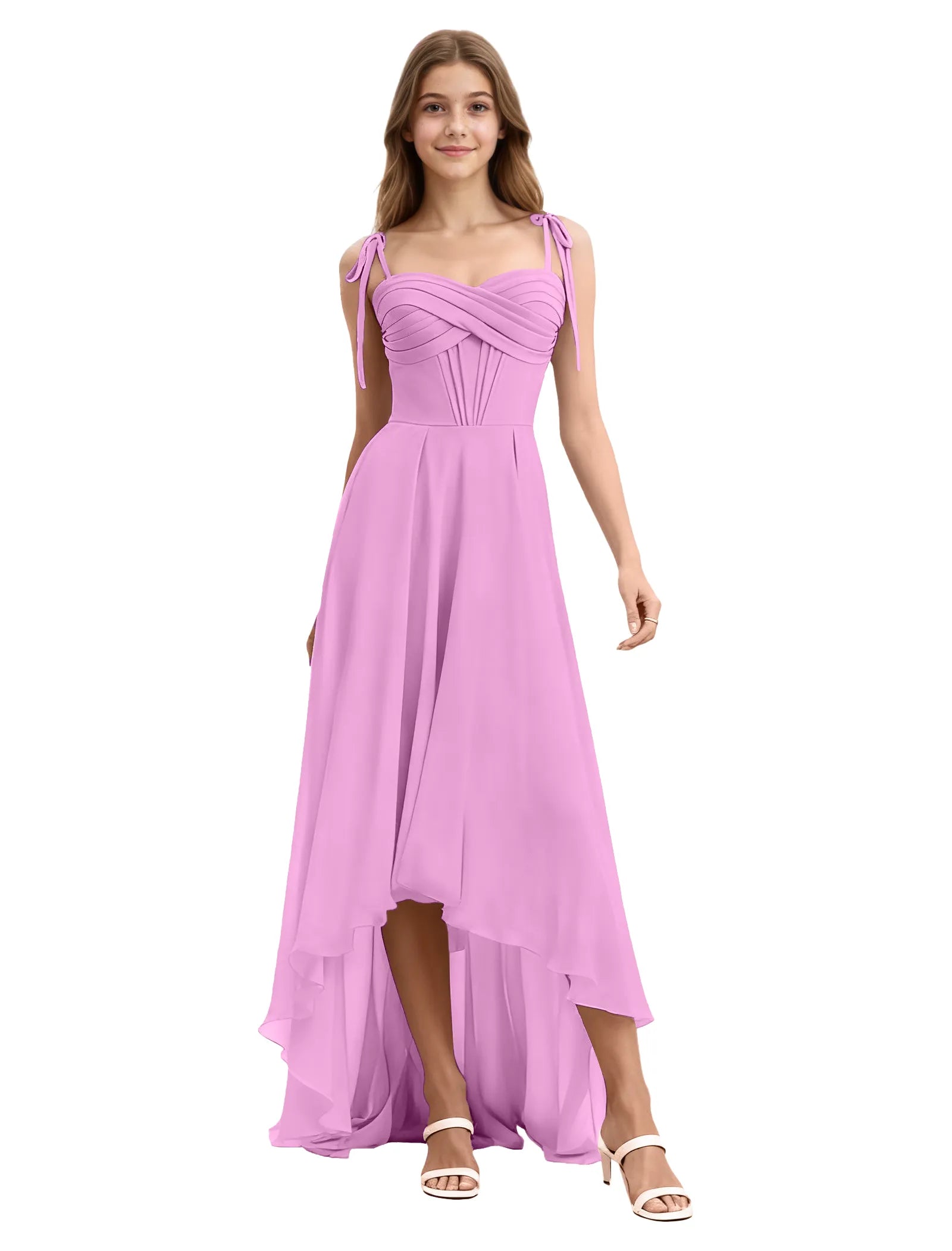 Girls High Low Chiffon Dress with Ruched Bodice