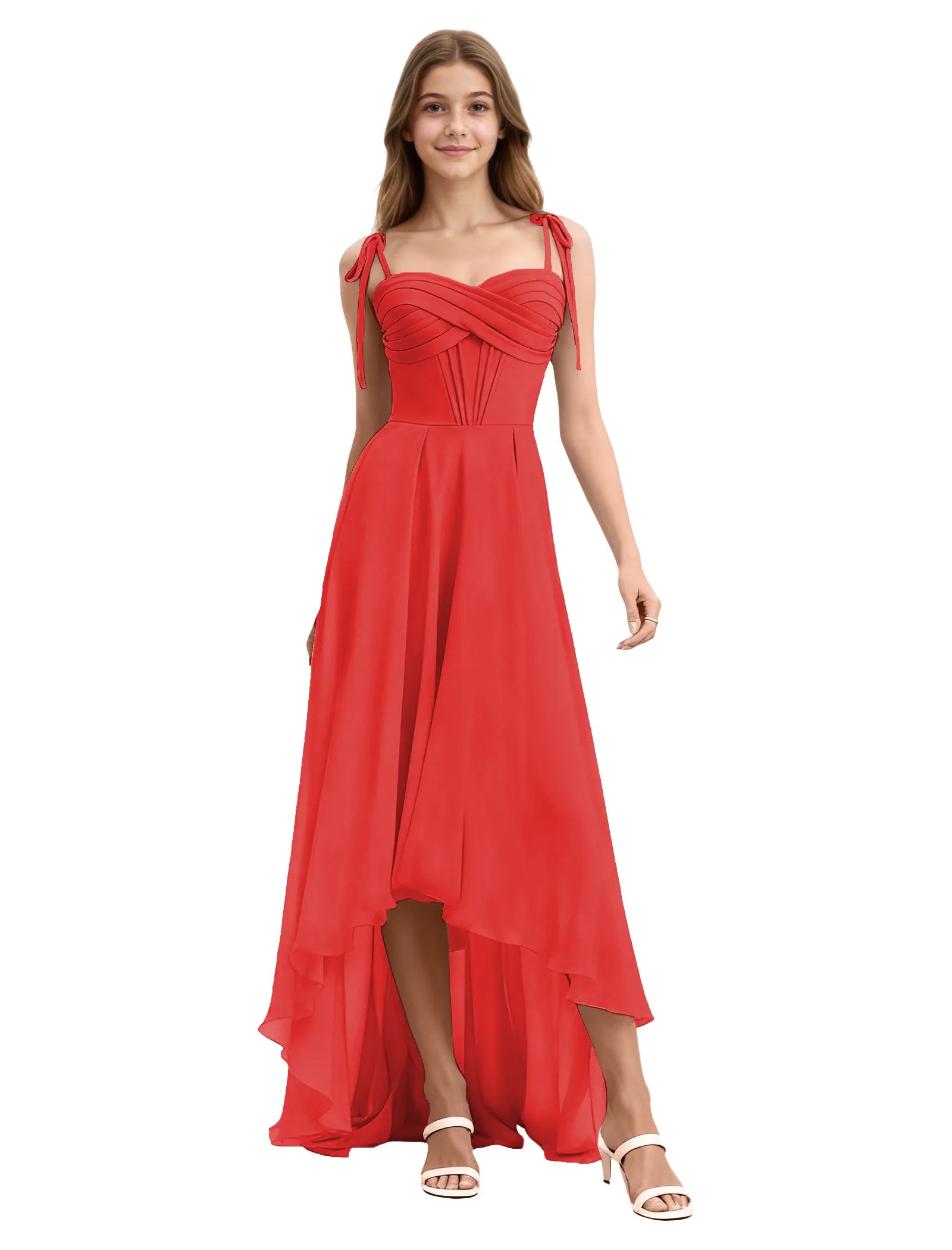 Girls High Low Chiffon Dress with Ruched Bodice