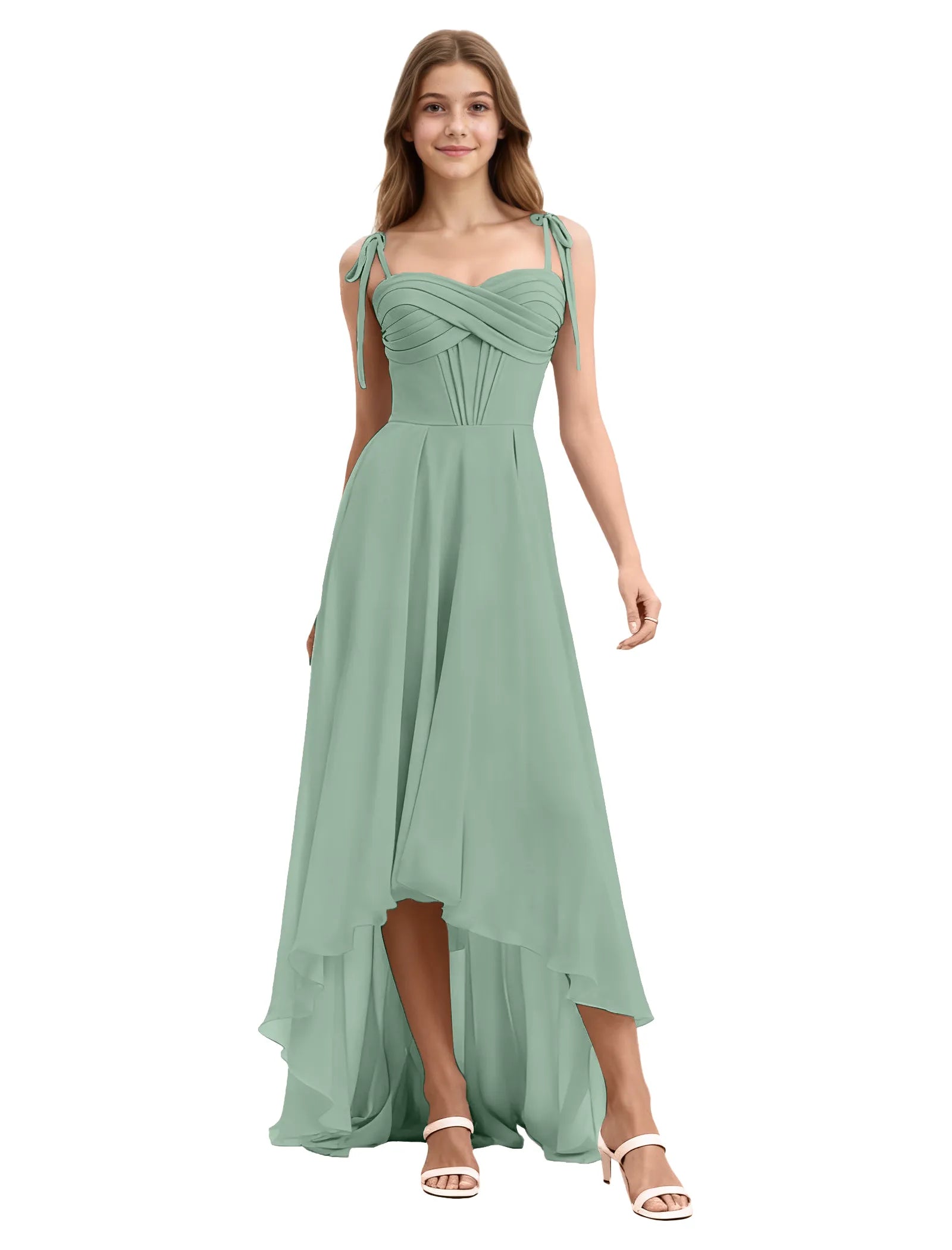 Girls High Low Chiffon Dress with Ruched Bodice