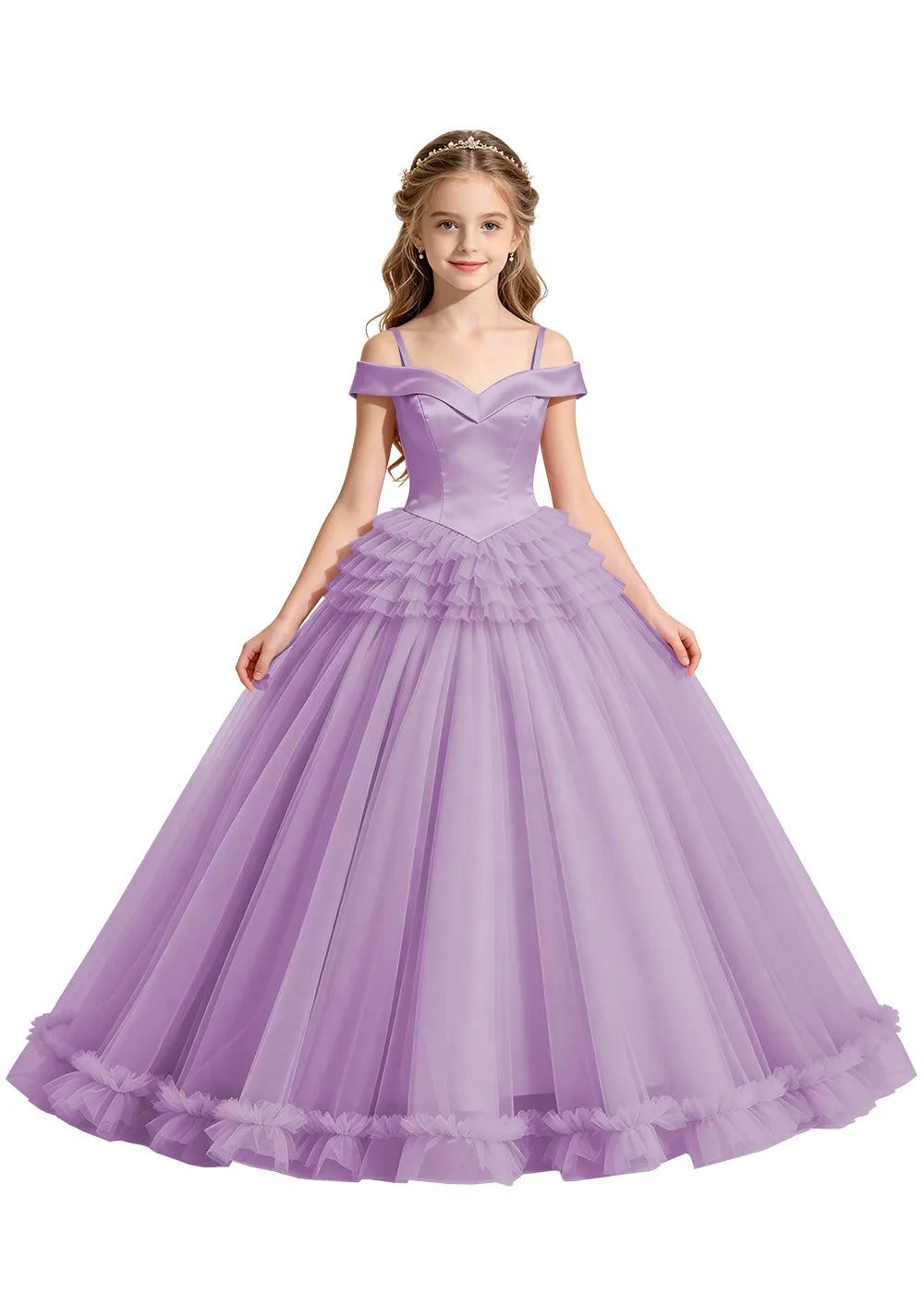 Off-Shoulder Satin Princess Ball Gown for Girls