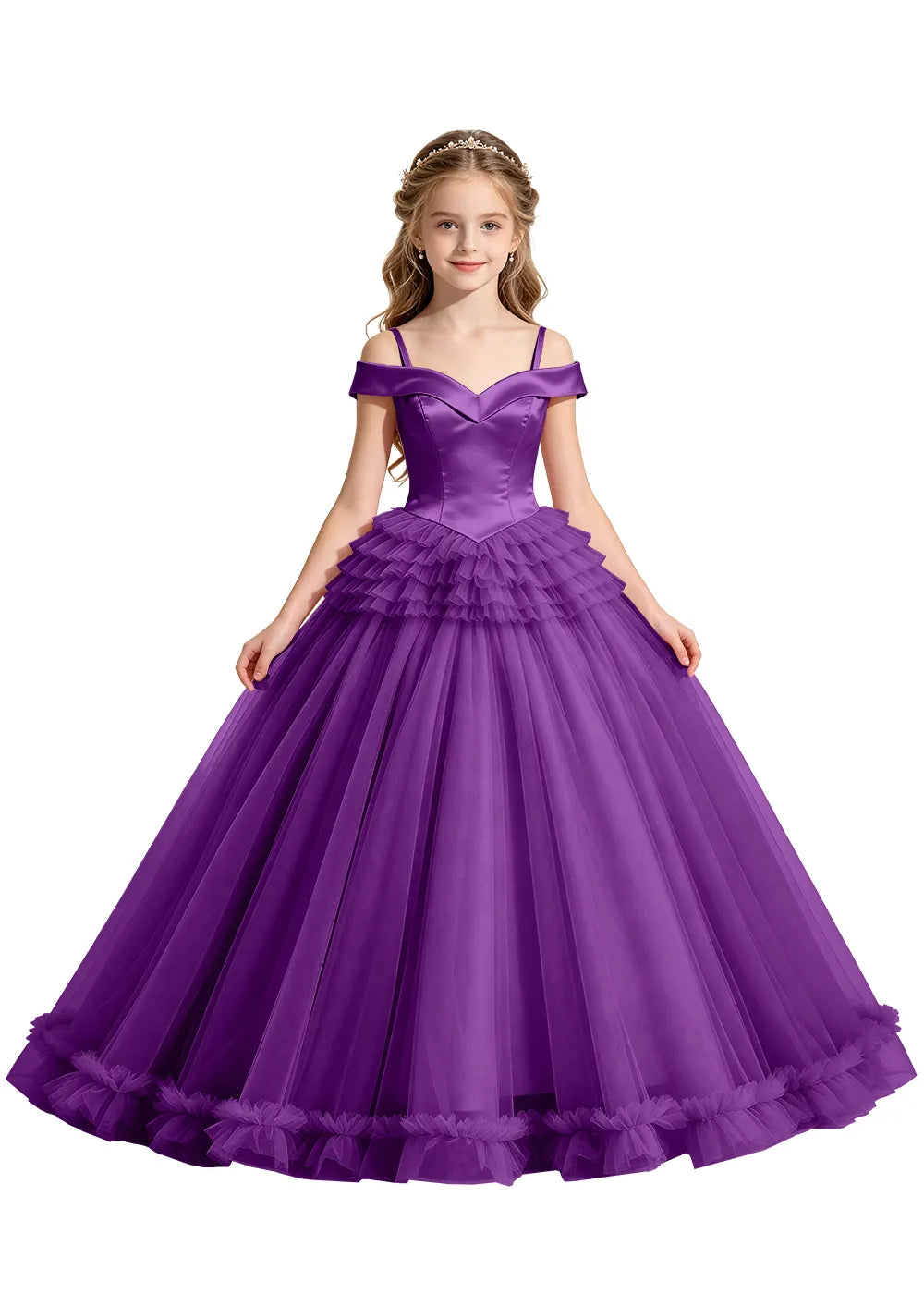 Off-Shoulder Satin Princess Ball Gown for Girls